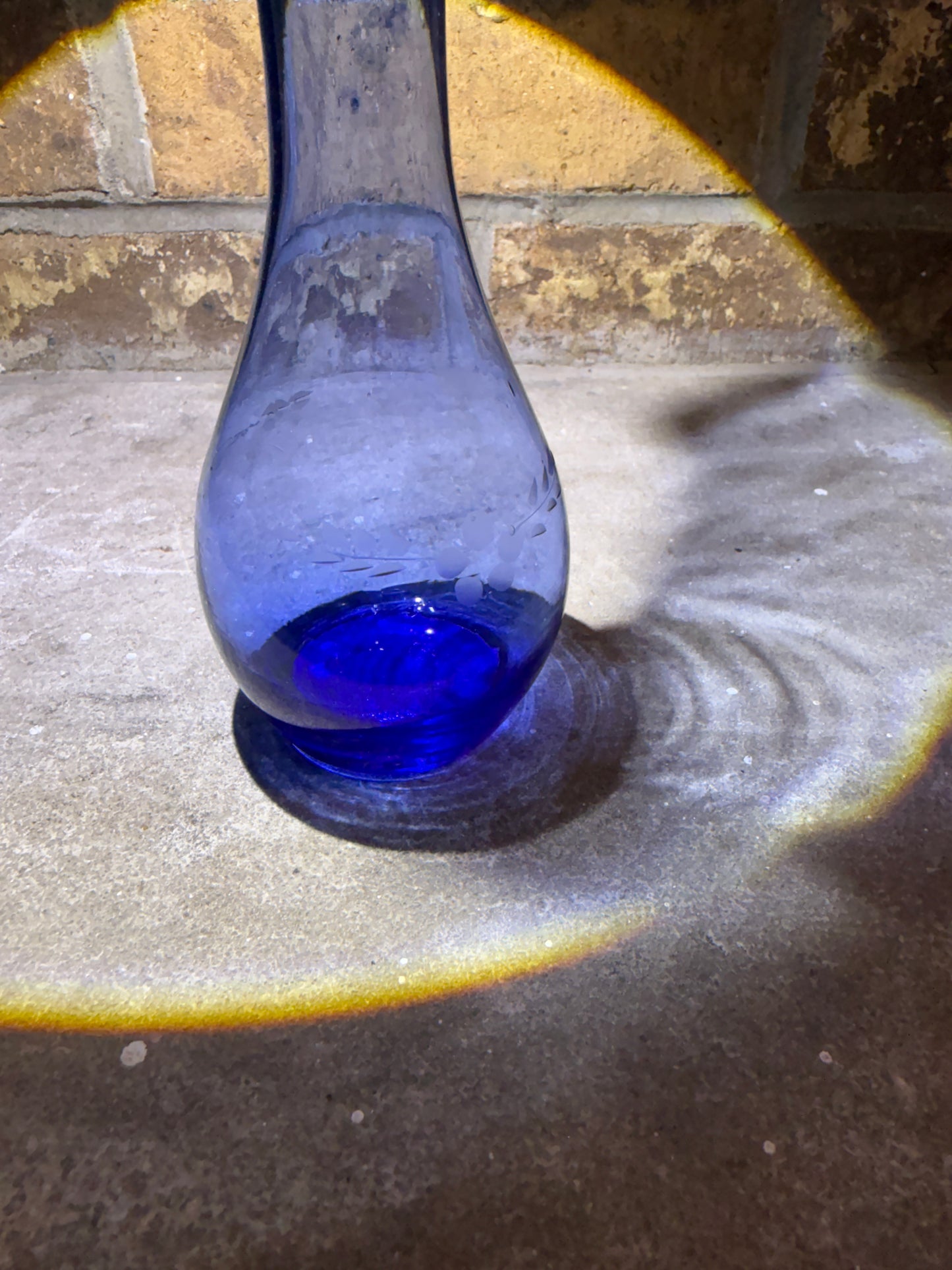 Vintage Blue Glass Bud Vase – Hand-Blown Mid-Century Mini Vase with Etched Detail