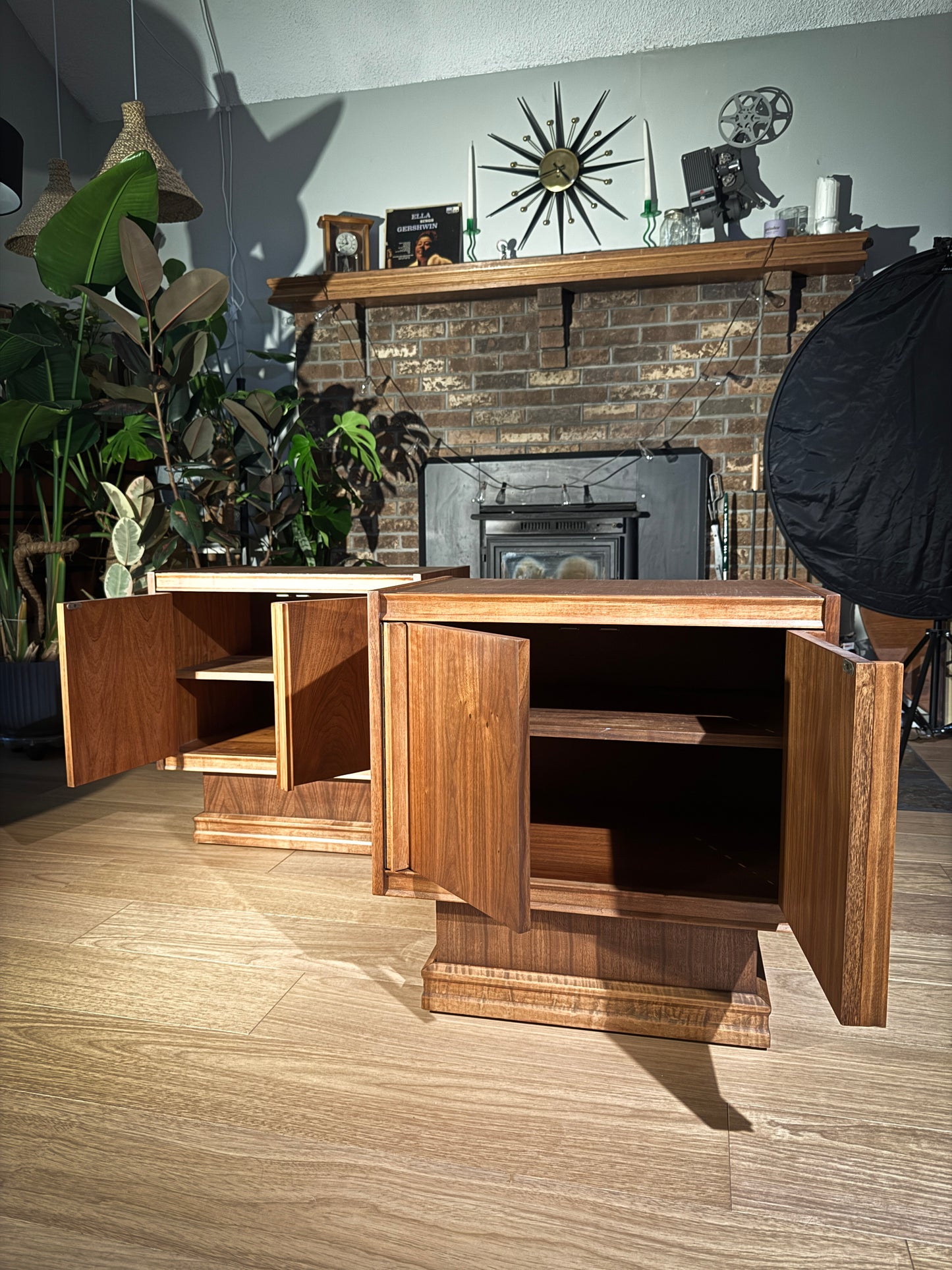 Pair of Mid-Century Walnut Nightstands – Tobago Furniture Canada, Brutalist Sculpted Front, Vintage End Tables