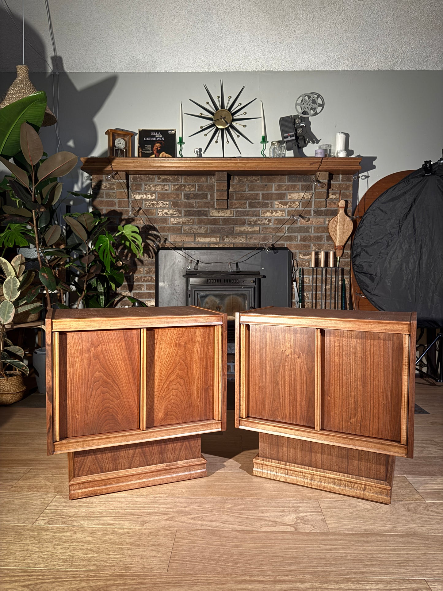 Pair of Mid-Century Walnut Nightstands – Tobago Furniture Canada, Brutalist Sculpted Front, Vintage End Tables