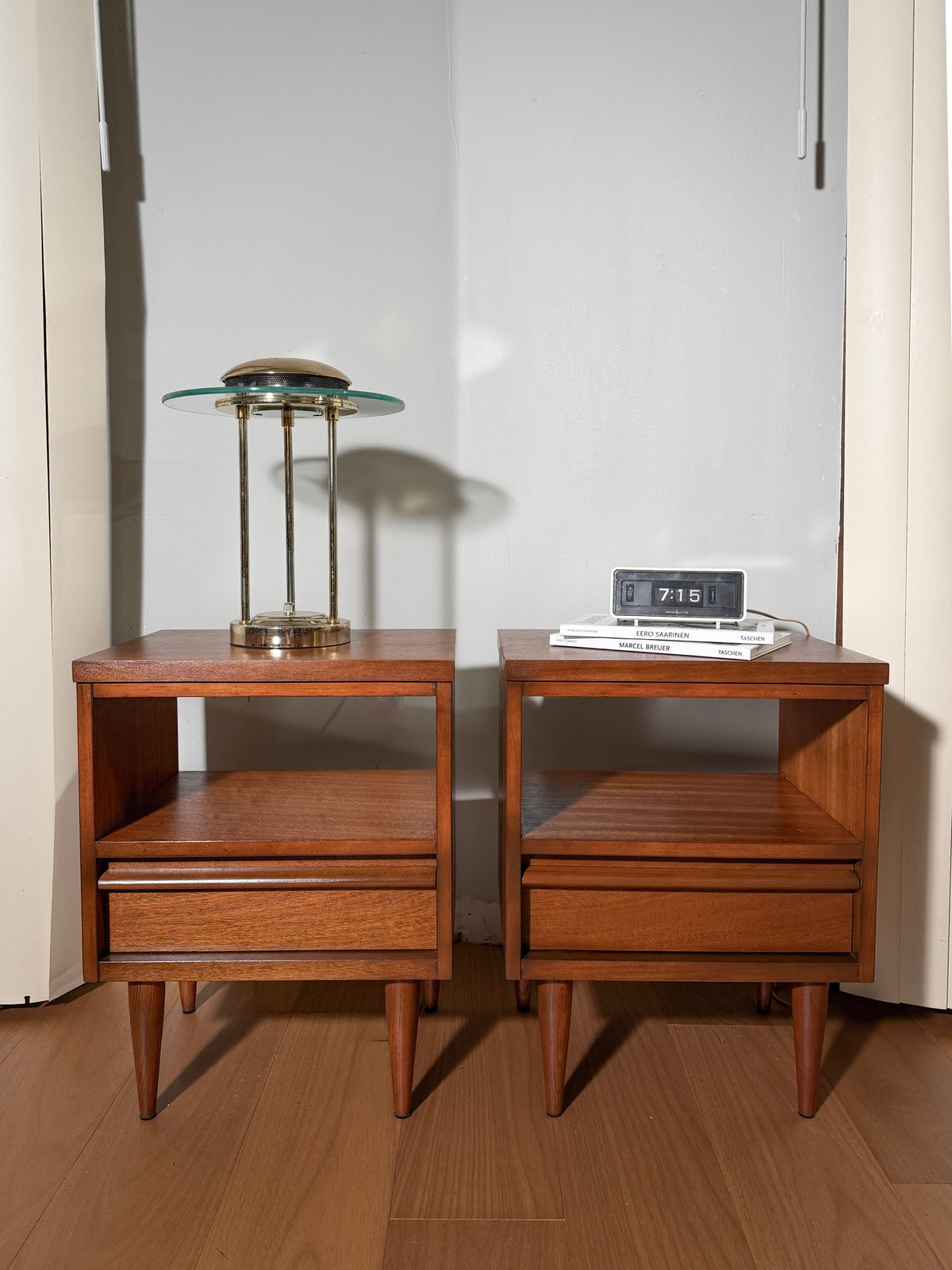 Pair of Mahogany Nightstands — 1960, Refinished Mid-Century Modern, Tiered Open Shelf