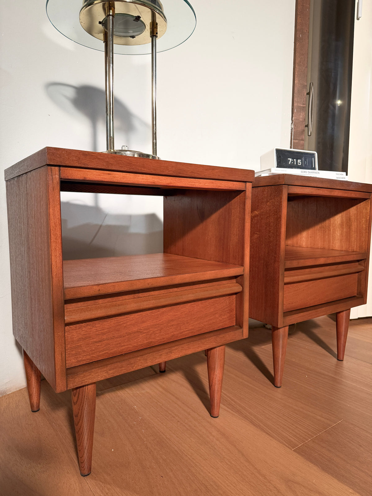 Pair of Mahogany Nightstands — 1960, Refinished Mid-Century Modern, Tiered Open Shelf