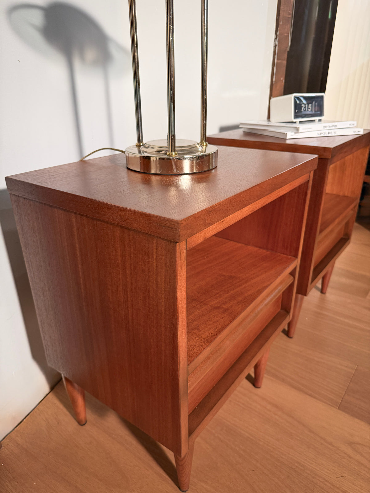 Pair of Mahogany Nightstands — 1960, Refinished Mid-Century Modern, Tiered Open Shelf