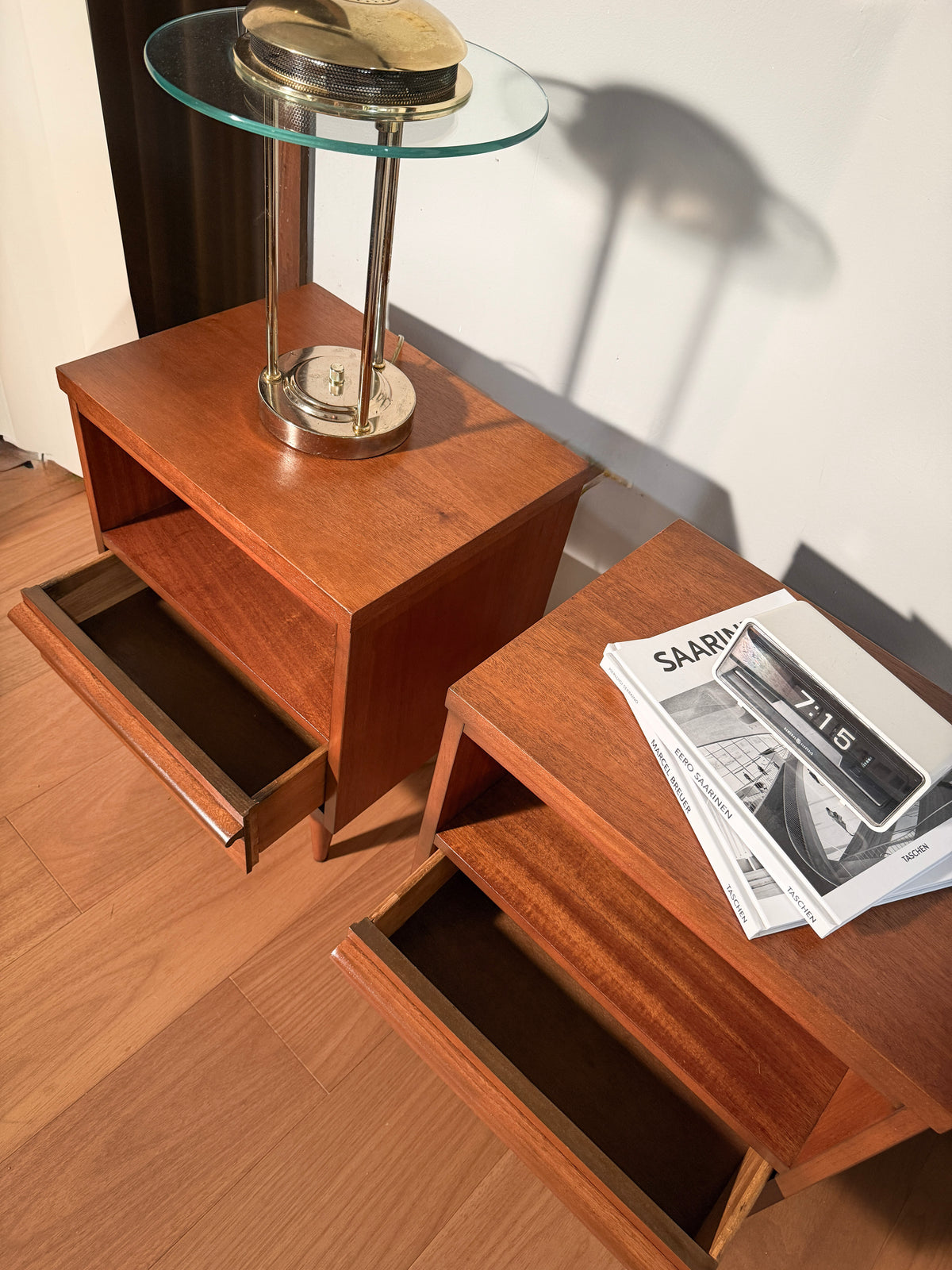 Pair of Mahogany Nightstands — 1960, Refinished Mid-Century Modern, Tiered Open Shelf