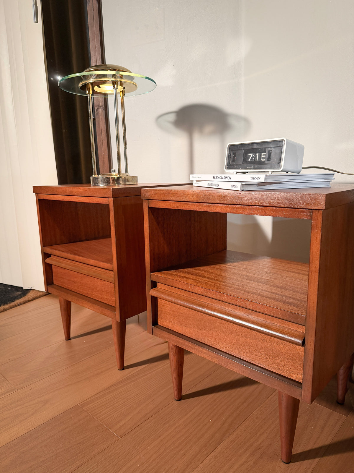 Pair of Mahogany Nightstands — 1960, Refinished Mid-Century Modern, Tiered Open Shelf