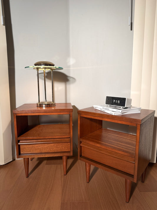Pair of Mahogany Nightstands — 1960, Refinished Mid-Century Modern, Tiered Open Shelf
