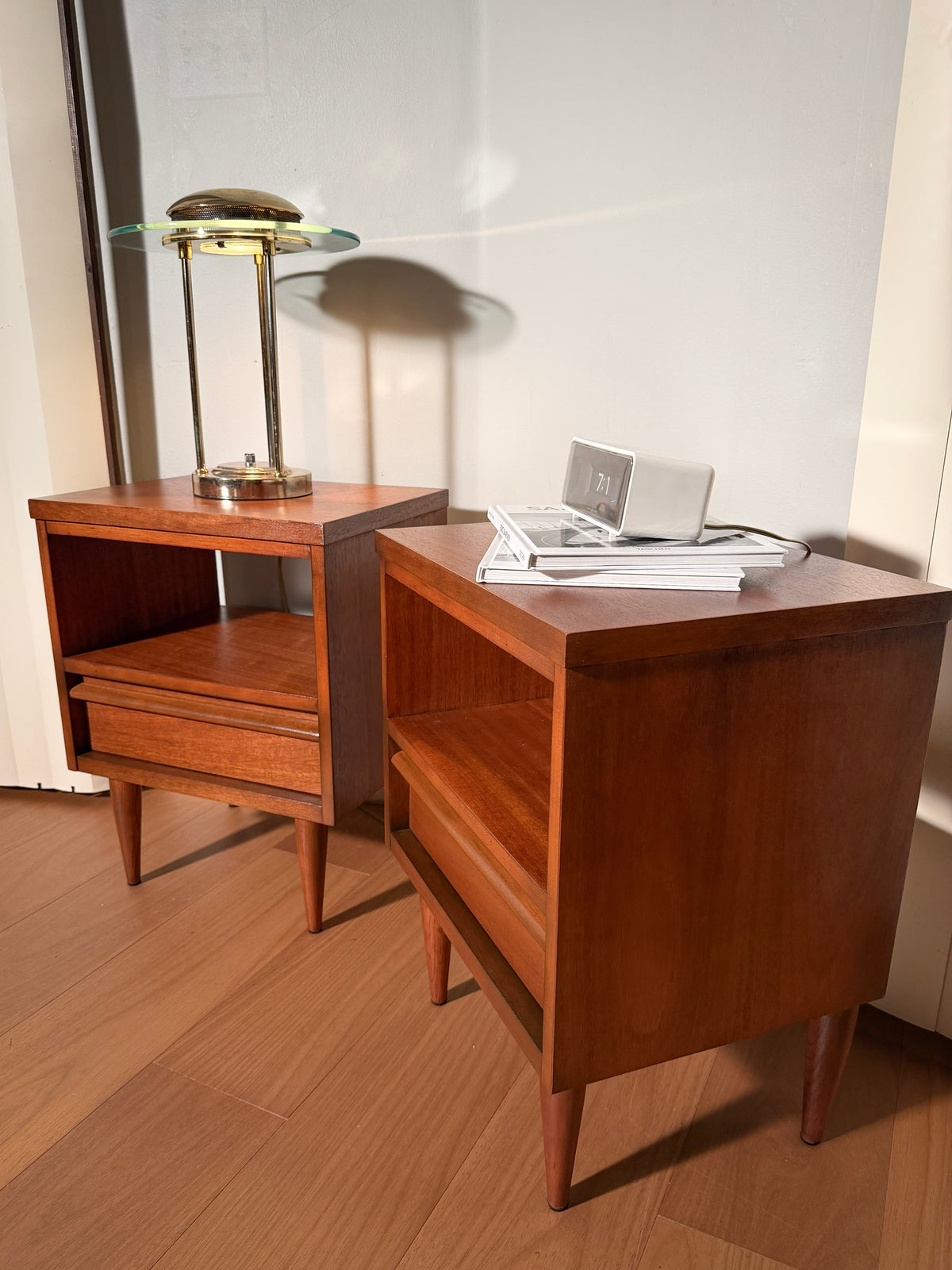 Pair of Mahogany Nightstands — 1960, Refinished Mid-Century Modern, Tiered Open Shelf