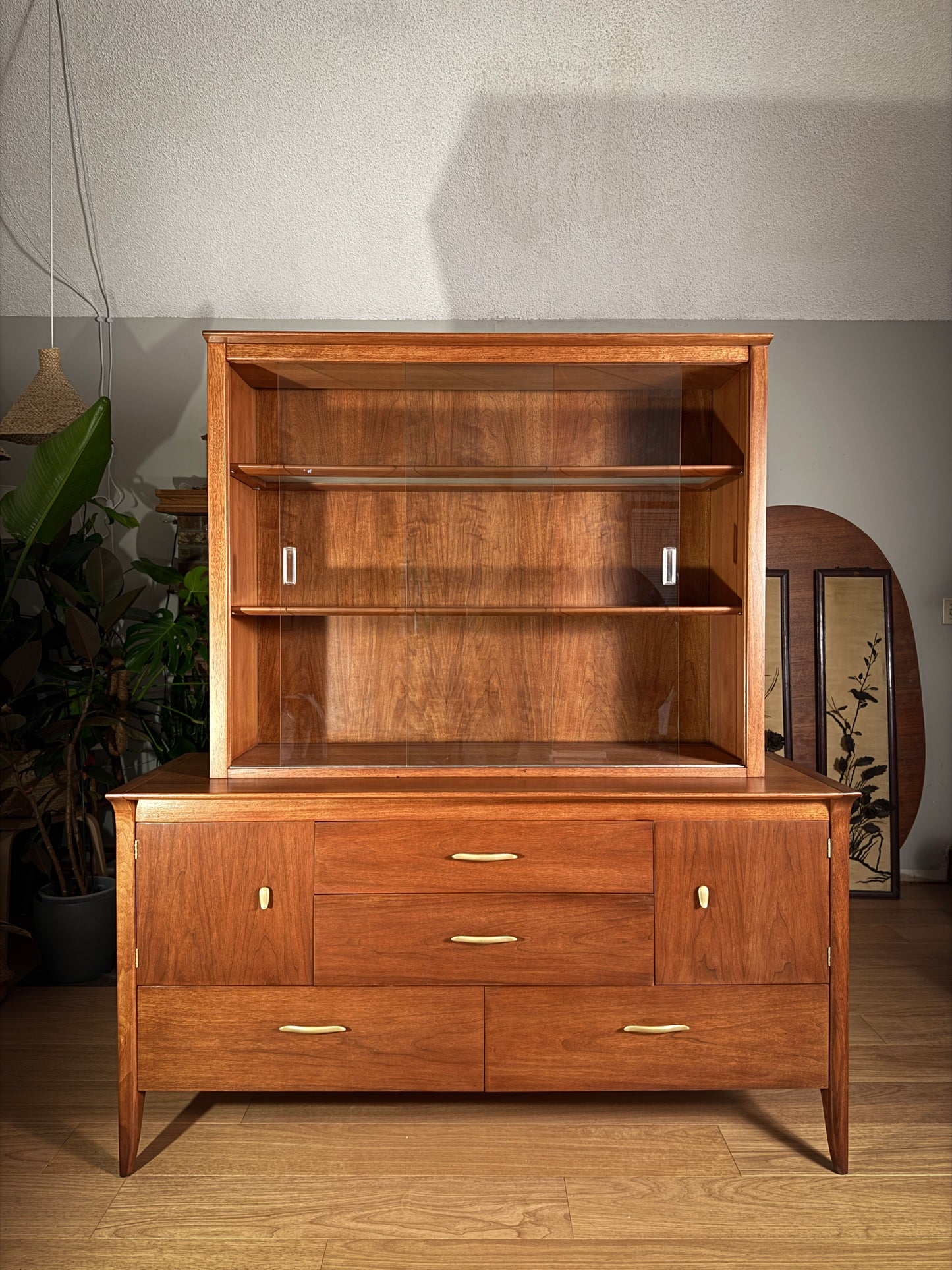 Mid-Century Drexel Profile Hutch – John Van Koert, Walnut China Cabinet & Credenza, 1950s MCM Storage