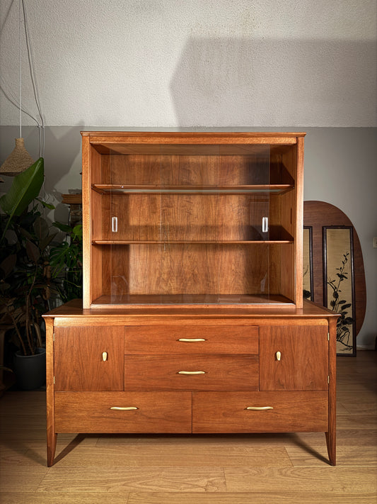 Mid-Century Drexel Profile Hutch – John Van Koert, Walnut China Cabinet & Credenza, 1950s MCM Storage