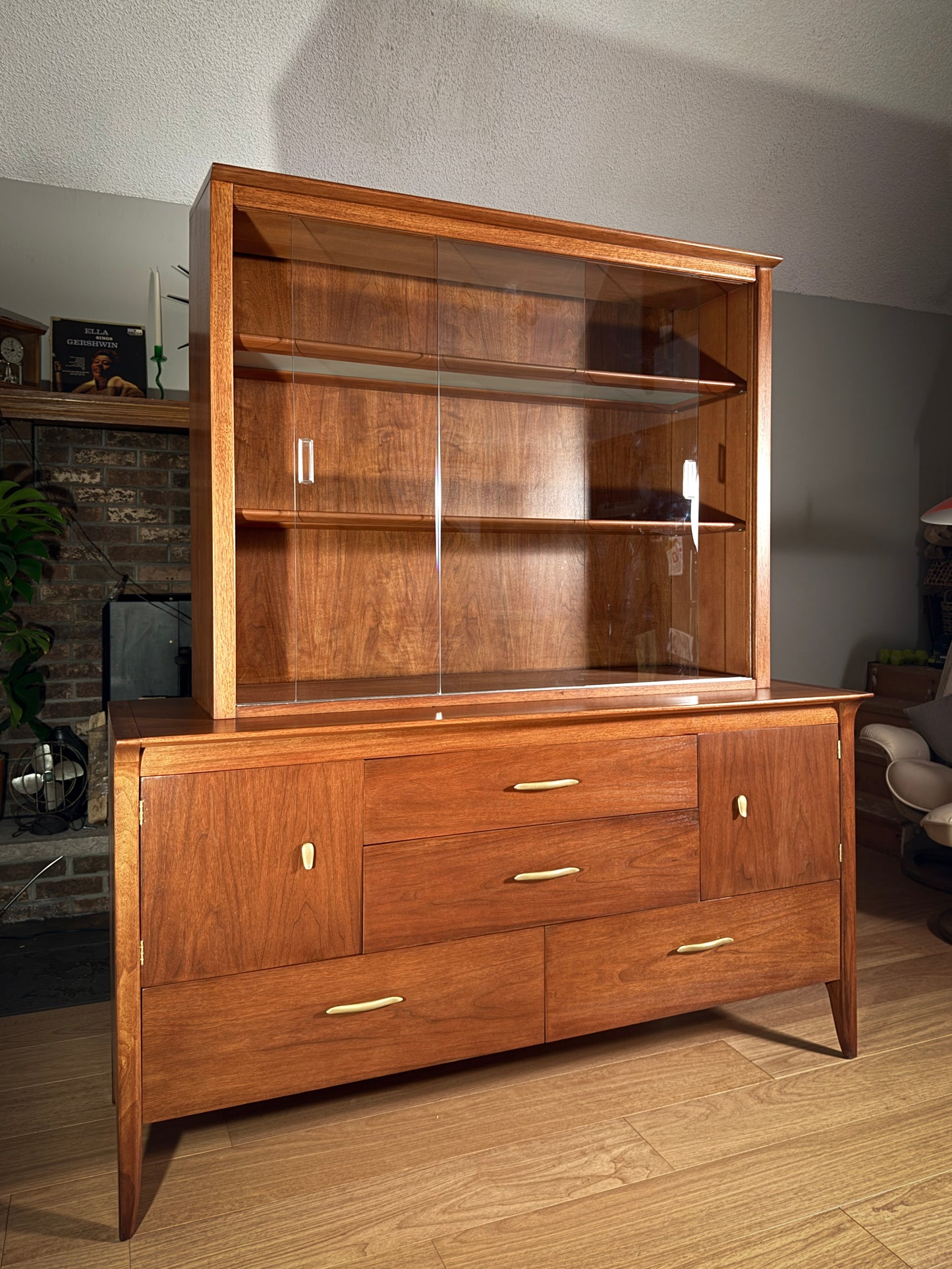 Mid-Century Drexel Profile Hutch – John Van Koert, Walnut China Cabinet & Credenza, 1950s MCM Storage