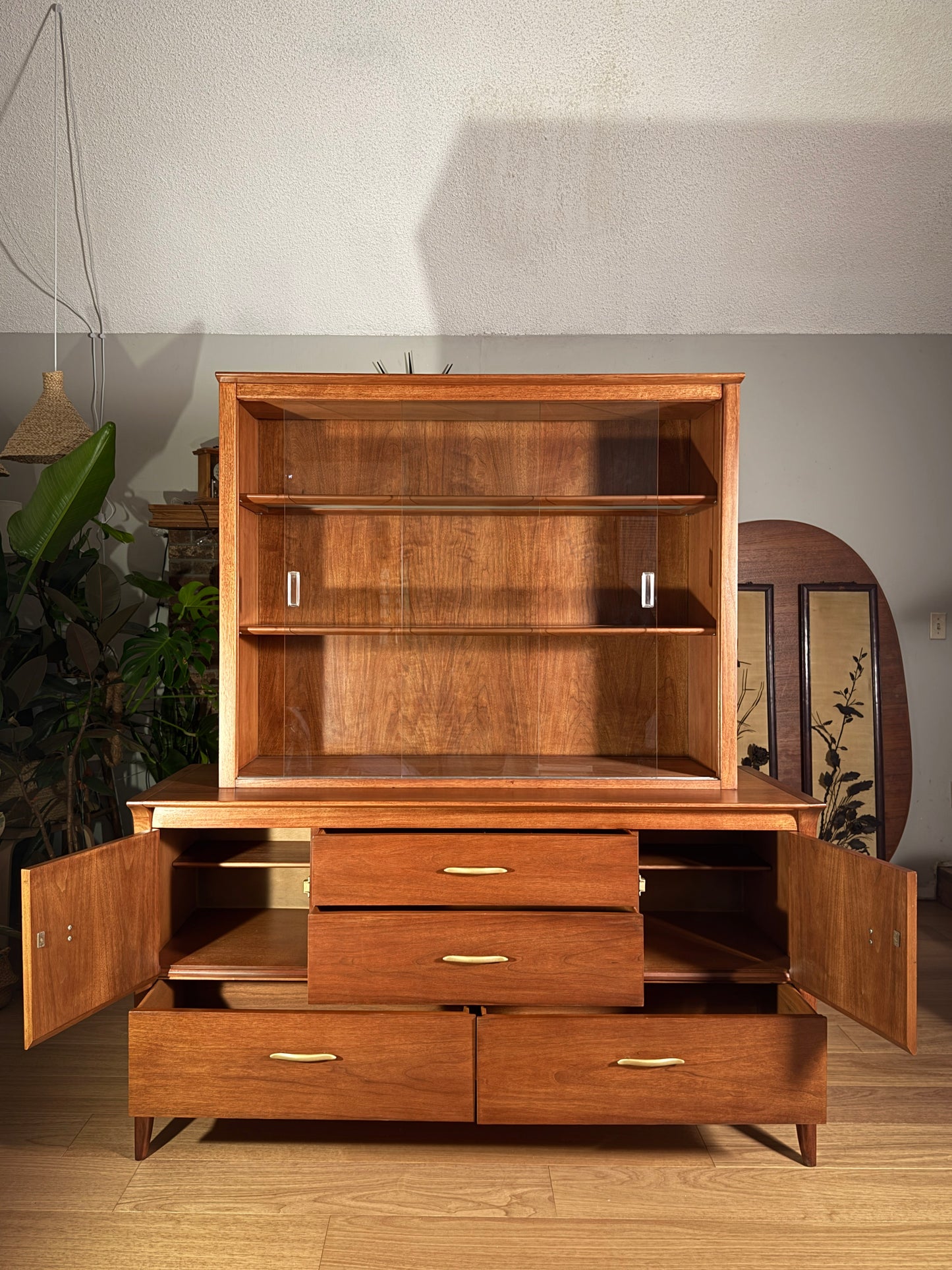 Mid-Century Drexel Profile Hutch – John Van Koert, Walnut China Cabinet & Credenza, 1950s MCM Storage