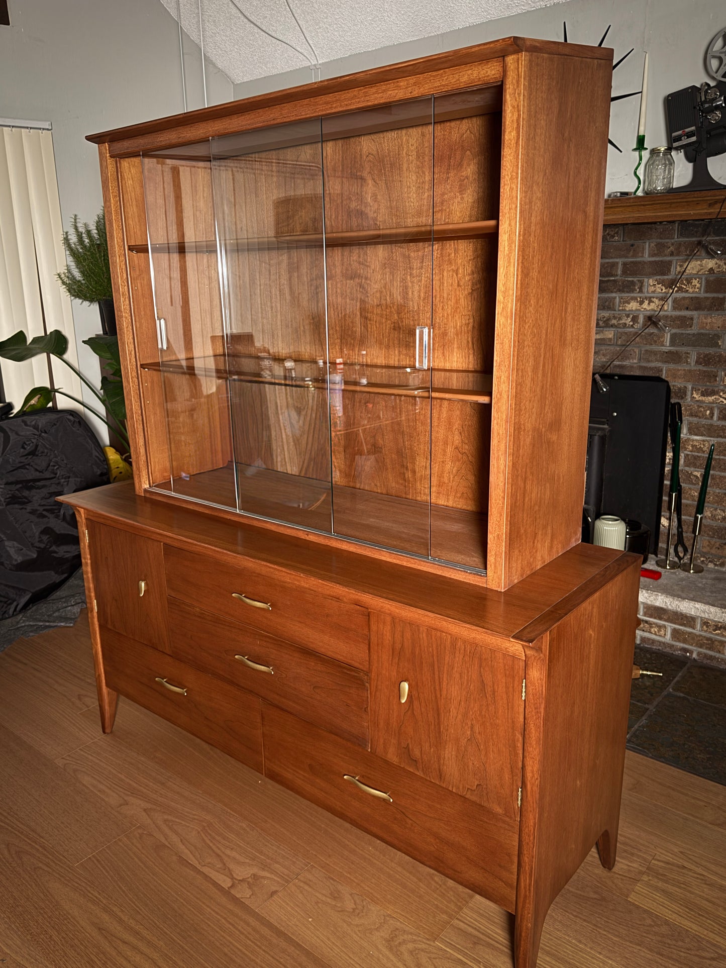 Mid-Century Drexel Profile Hutch – John Van Koert, Walnut China Cabinet & Credenza, 1950s MCM Storage