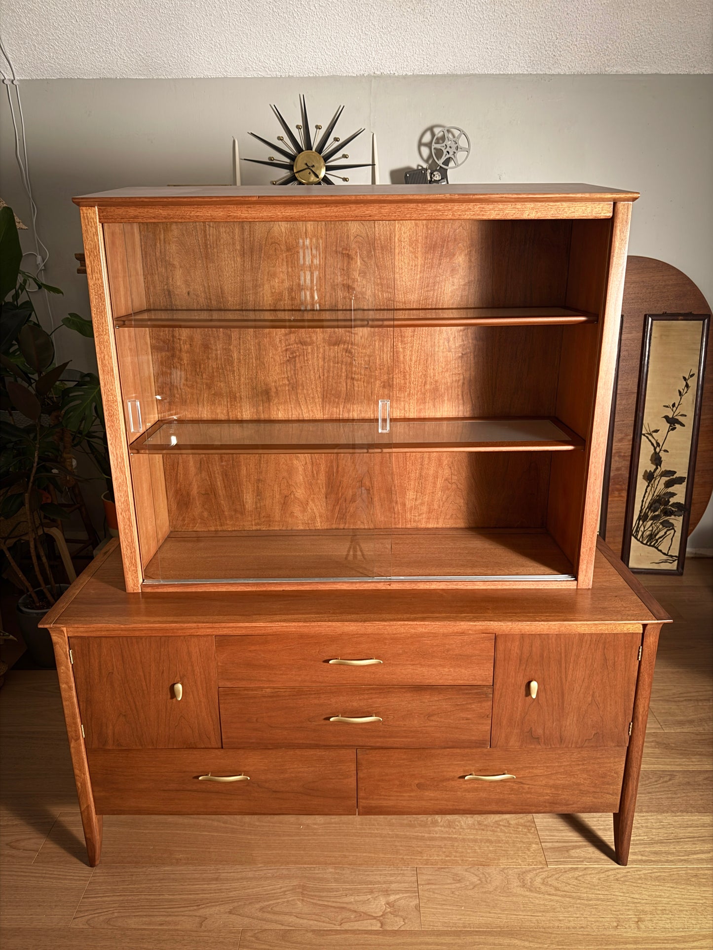 Mid-Century Drexel Profile Hutch – John Van Koert, Walnut China Cabinet & Credenza, 1950s MCM Storage