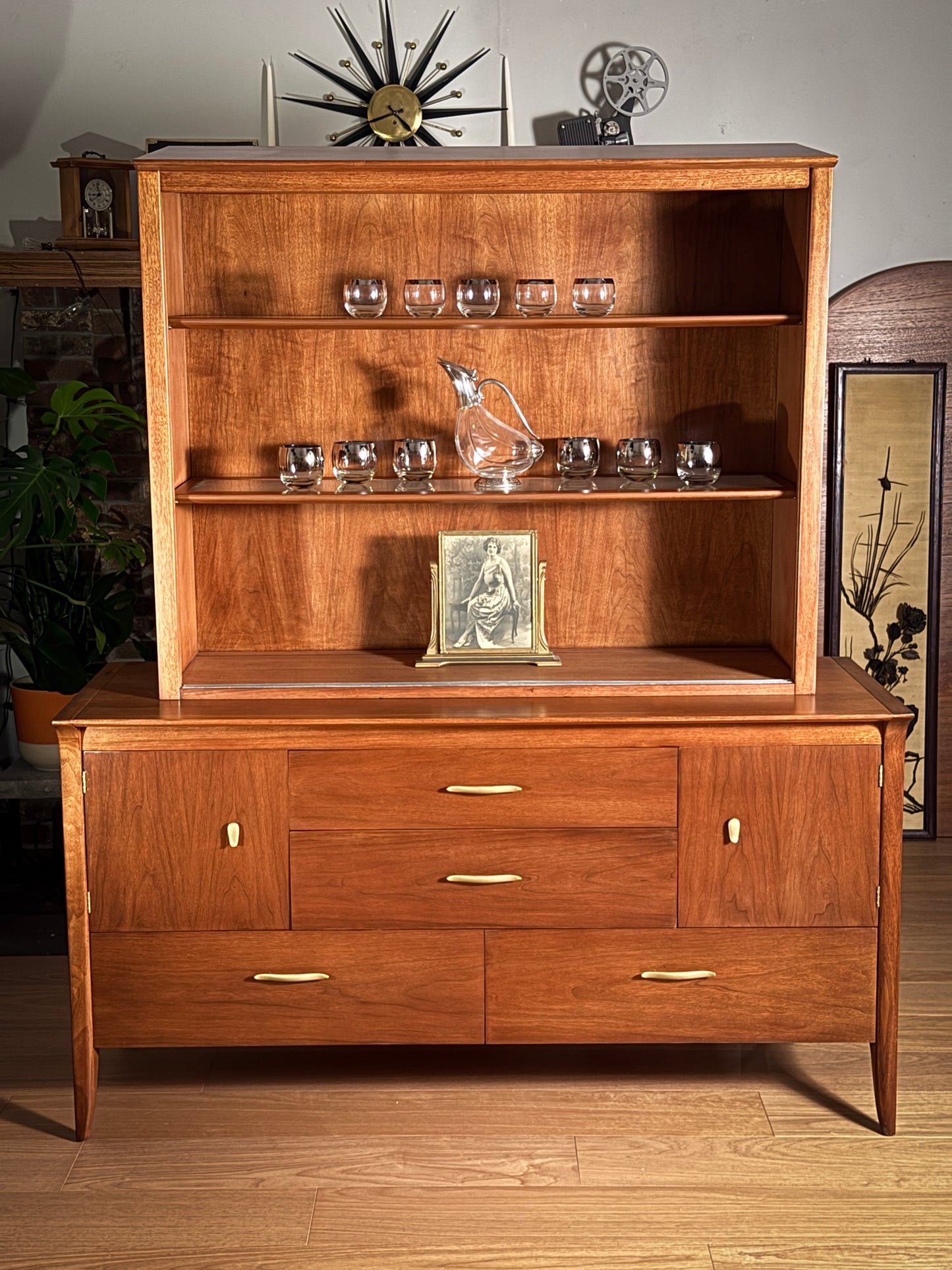 Mid-Century Drexel Profile Hutch – John Van Koert, Walnut China Cabinet & Credenza, 1950s MCM Storage