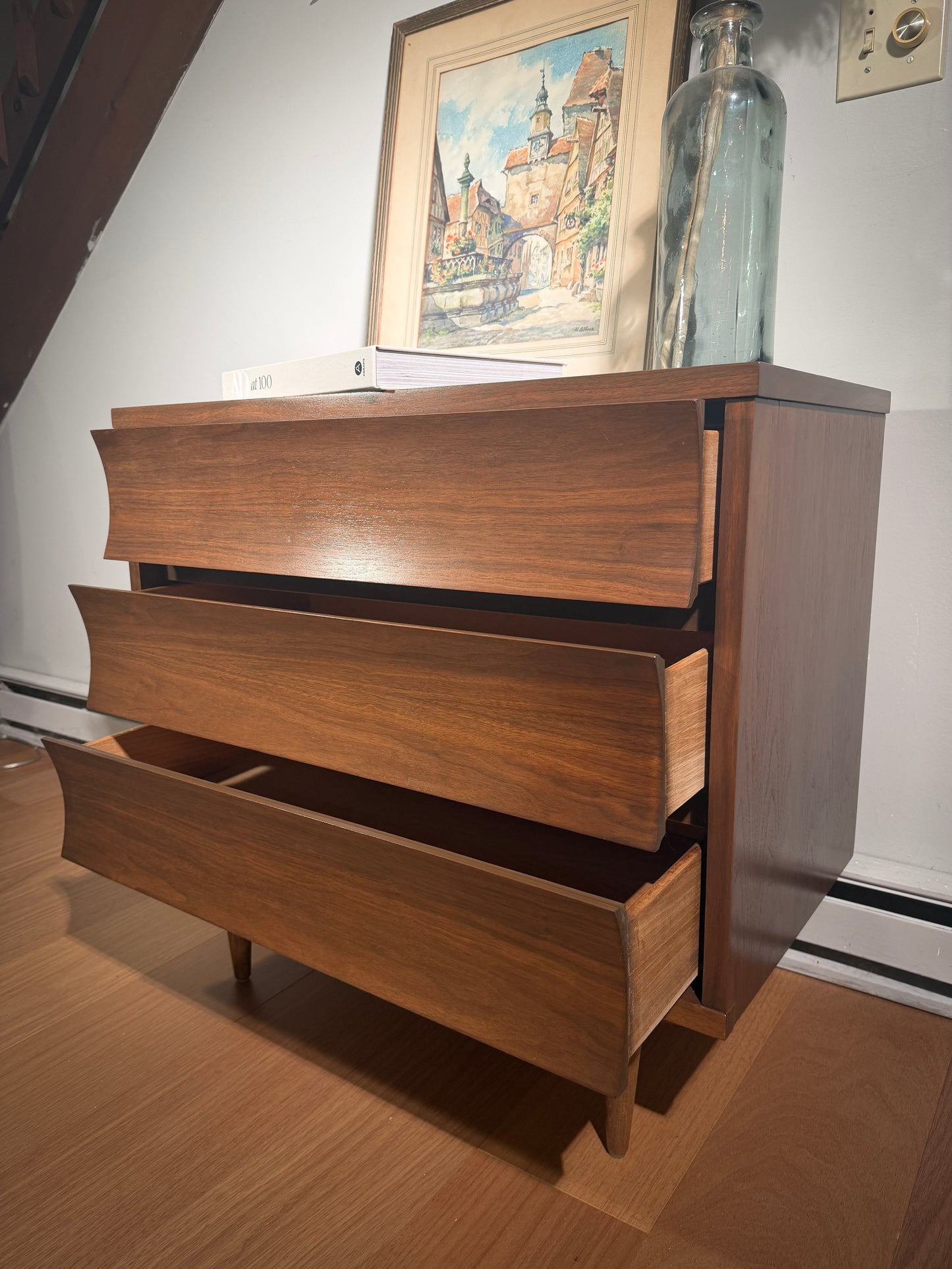 Mid-Century Johnson Carper Walnut Dresser – 3-Drawer Chest, Sculpted Front, Vintage MCM Bedroom Storage