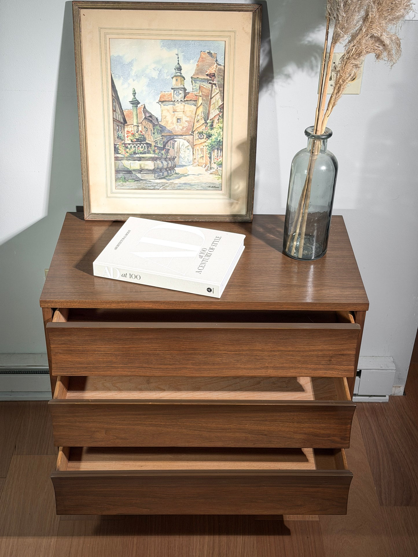 Mid-Century Johnson Carper Walnut Dresser – 3-Drawer Chest, Sculpted Front, Vintage MCM Bedroom Storage