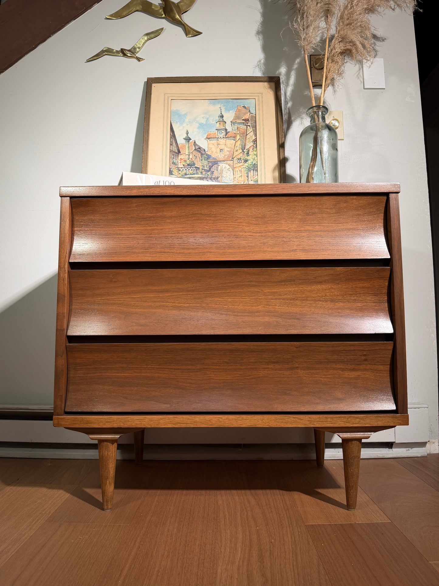 Mid-Century Johnson Carper Walnut Dresser – 3-Drawer Chest, Sculpted Front, Vintage MCM Bedroom Storage