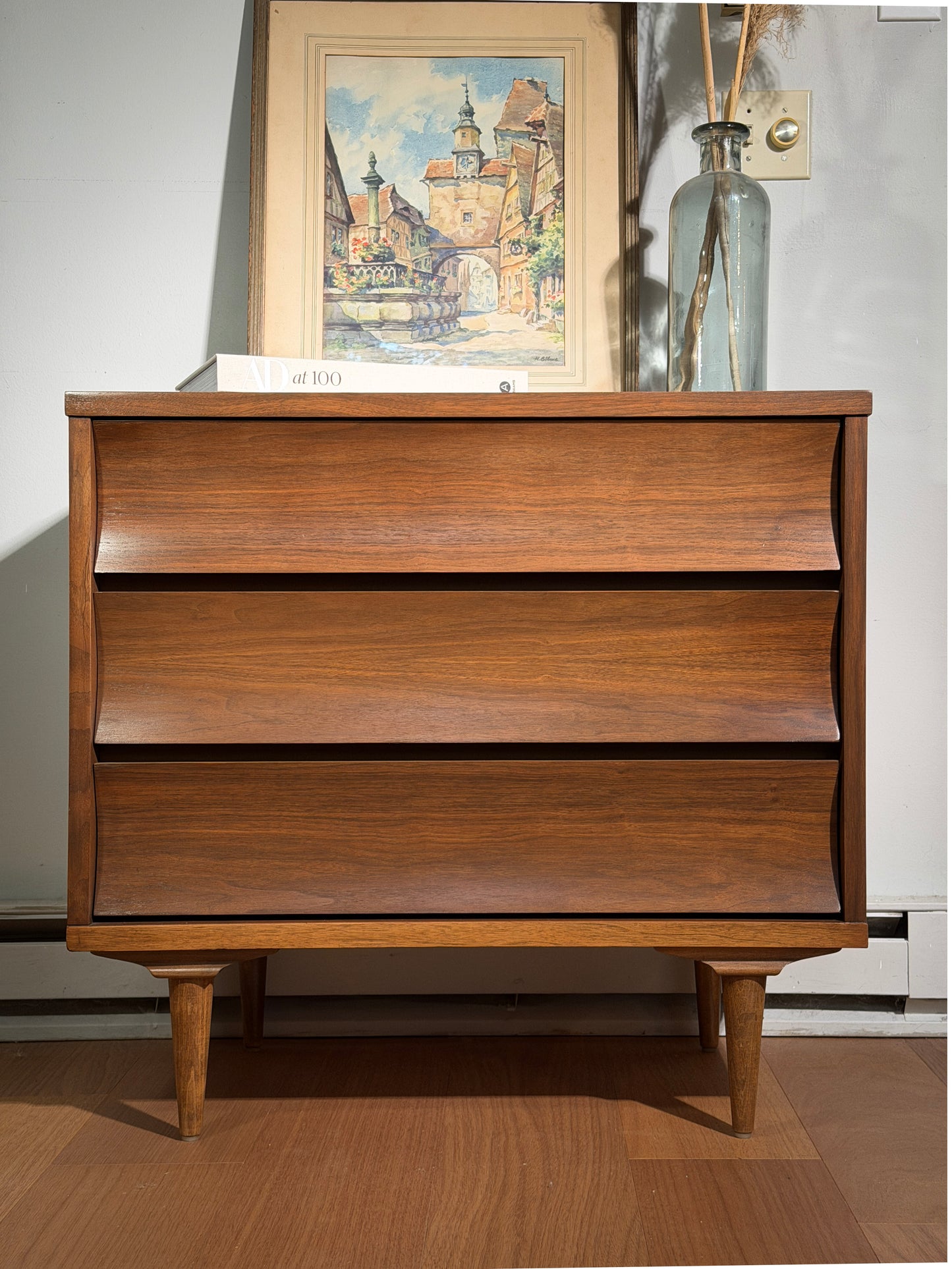 Mid-Century Johnson Carper Walnut Dresser – 3-Drawer Chest, Sculpted Front, Vintage MCM Bedroom Storage