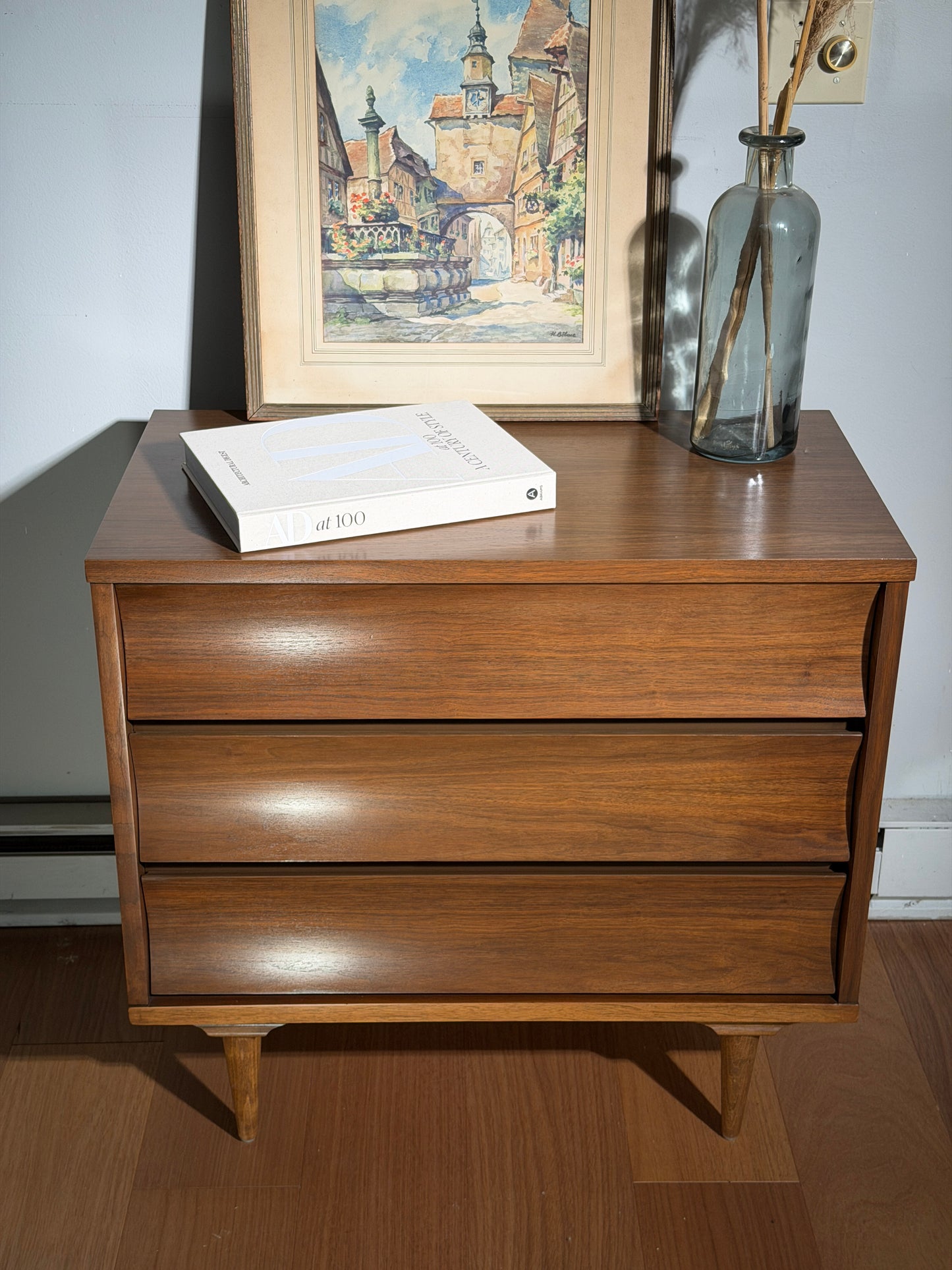 Mid-Century Johnson Carper Walnut Dresser – 3-Drawer Chest, Sculpted Front, Vintage MCM Bedroom Storage