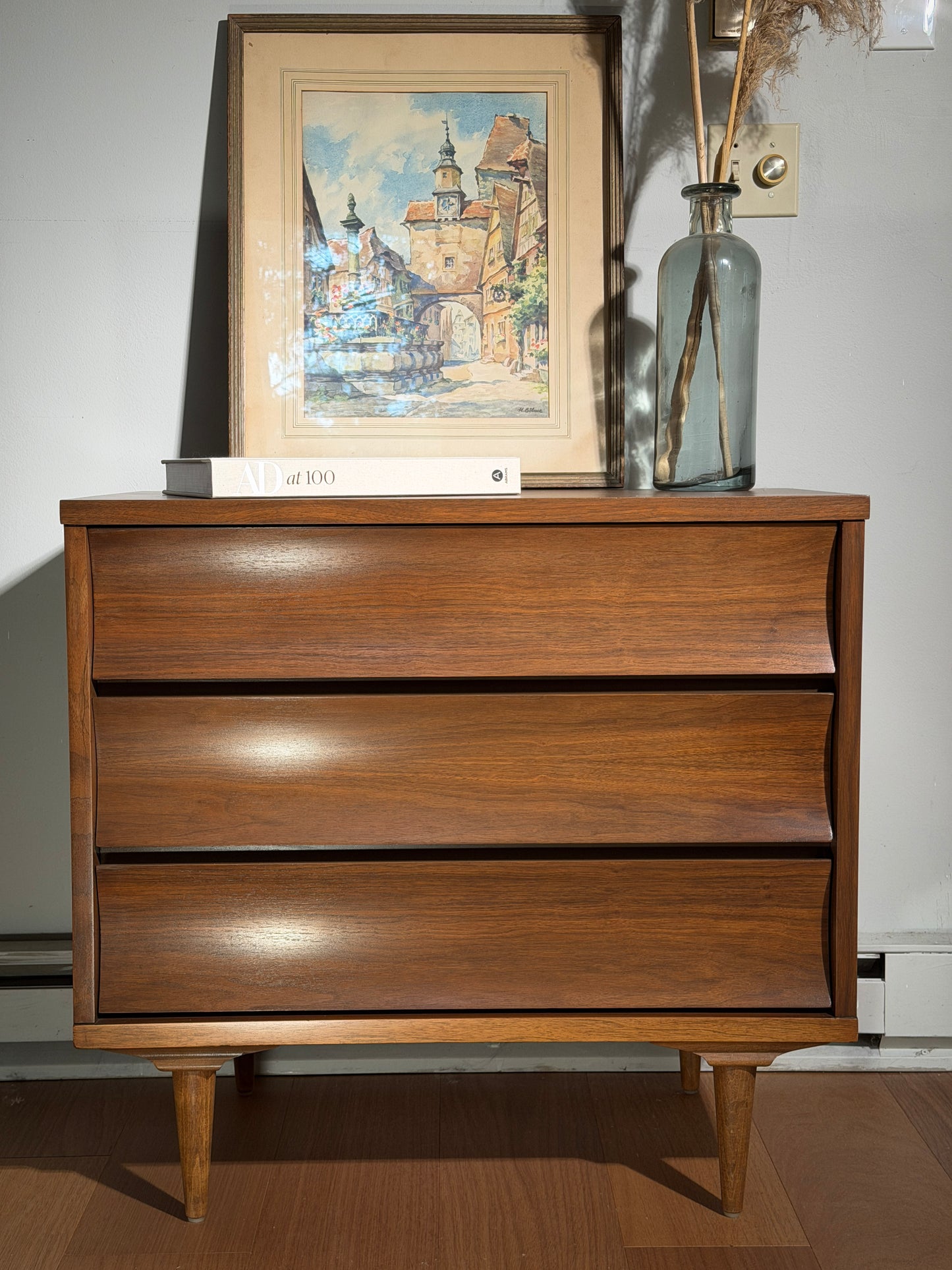 Mid-Century Johnson Carper Walnut Dresser – 3-Drawer Chest, Sculpted Front, Vintage MCM Bedroom Storage