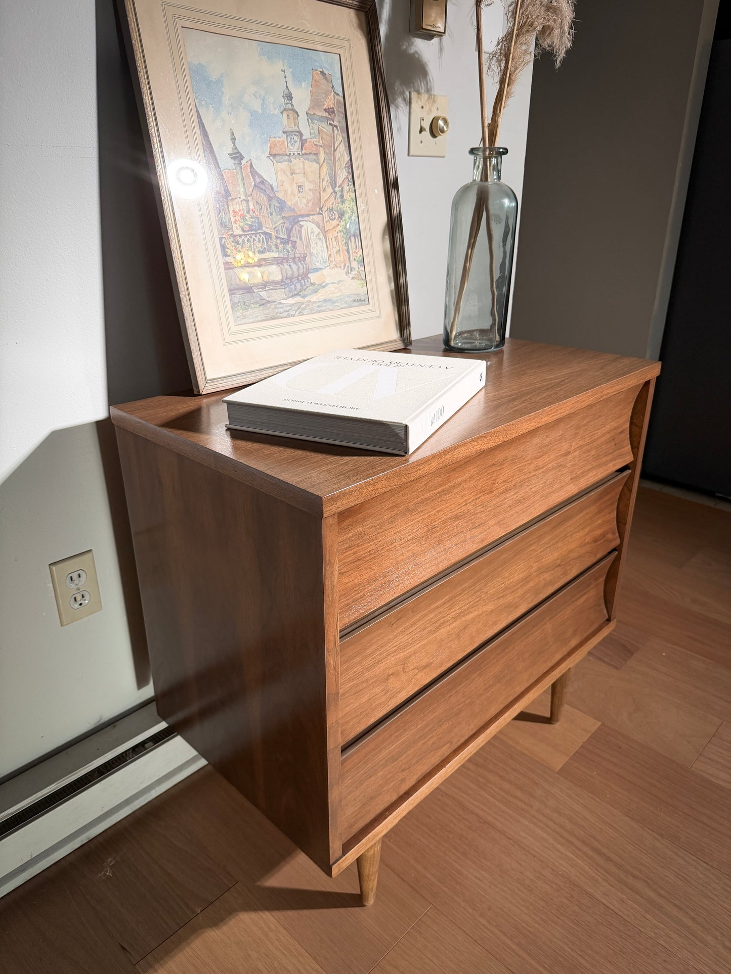 Mid-Century Johnson Carper Walnut Dresser – 3-Drawer Chest, Sculpted Front, Vintage MCM Bedroom Storage