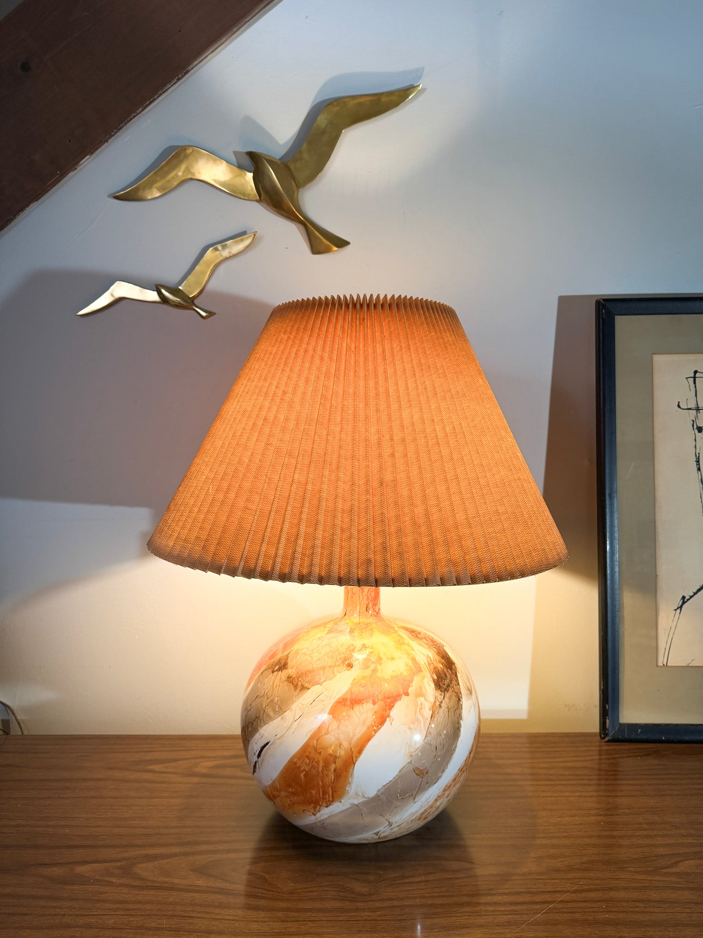 Mid-Century Modern Drip Glaze Ceramic Lamp – Painterly Swirl Base with Original Pleated Shade