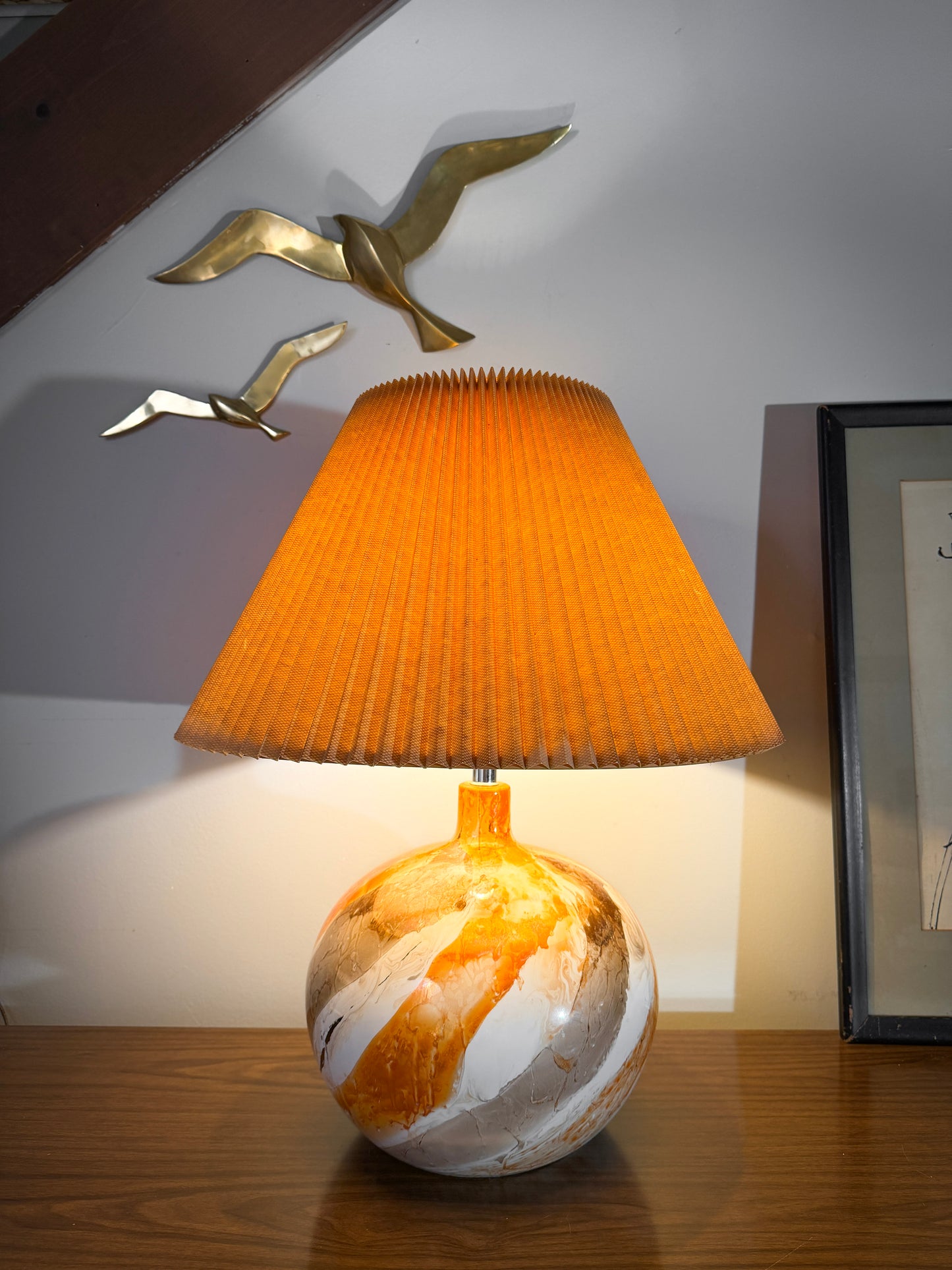 Mid-Century Modern Drip Glaze Ceramic Lamp – Painterly Swirl Base with Original Pleated Shade