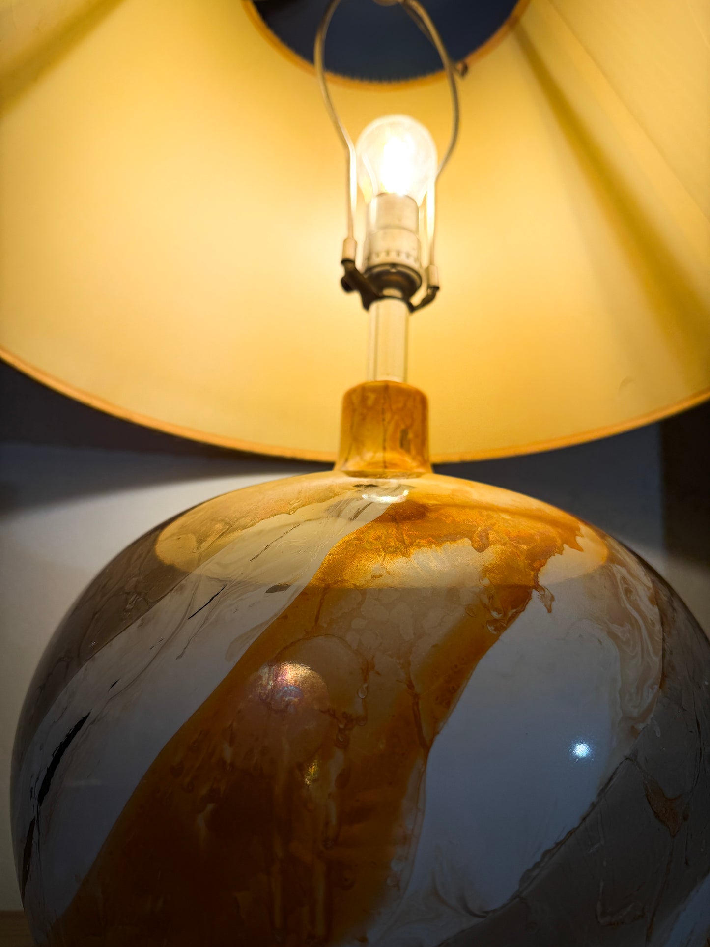 Mid-Century Modern Drip Glaze Ceramic Lamp – Painterly Swirl Base with Original Pleated Shade