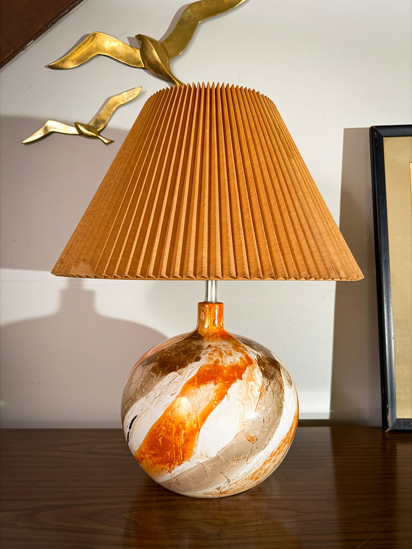 Mid-Century Modern Drip Glaze Ceramic Lamp – Painterly Swirl Base with Original Pleated Shade