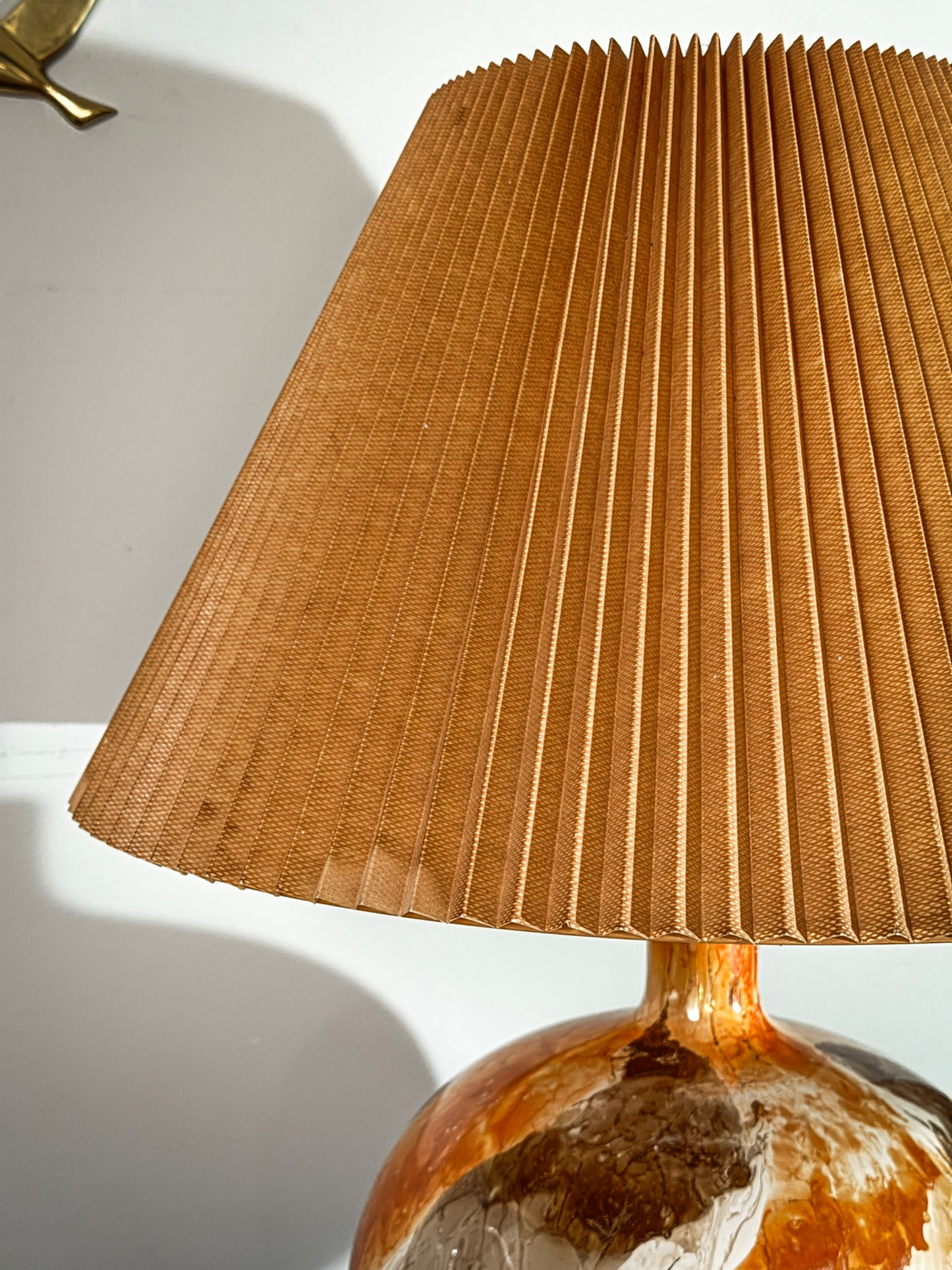 Mid-Century Modern Drip Glaze Ceramic Lamp – Painterly Swirl Base with Original Pleated Shade