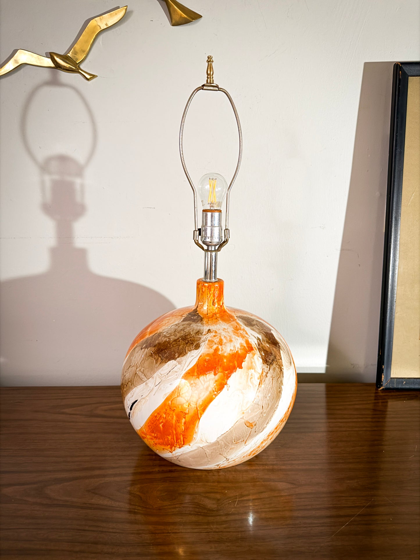 Mid-Century Modern Drip Glaze Ceramic Lamp – Painterly Swirl Base with Original Pleated Shade