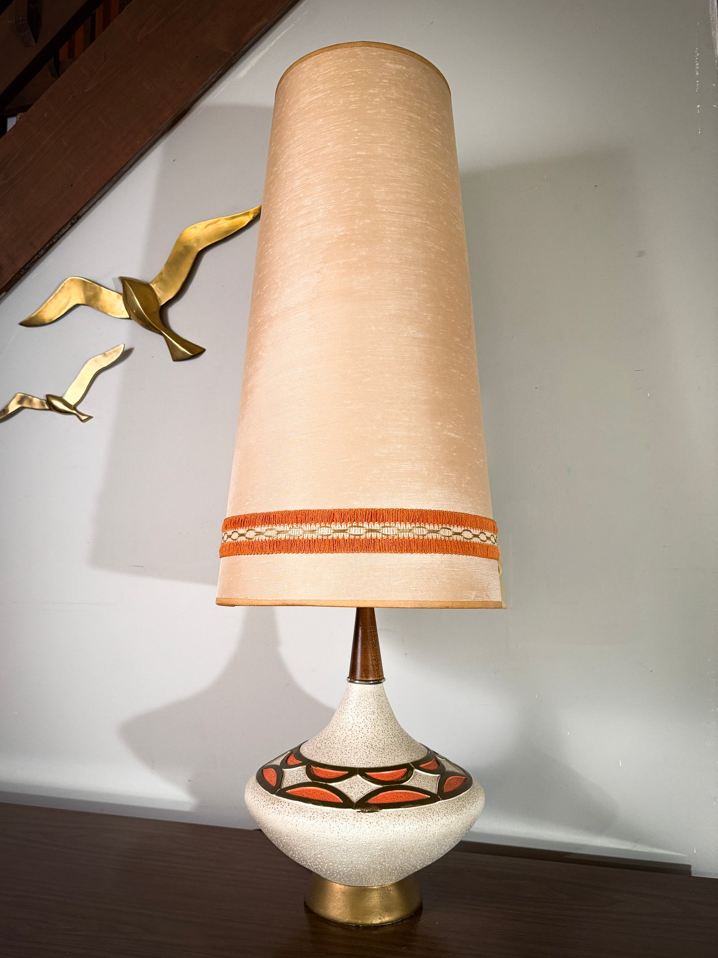 Mid-Century Atomic Ceramic Lamp – Signed L.N. Lamp with Original Tall Shade, 1950s Space Age Design