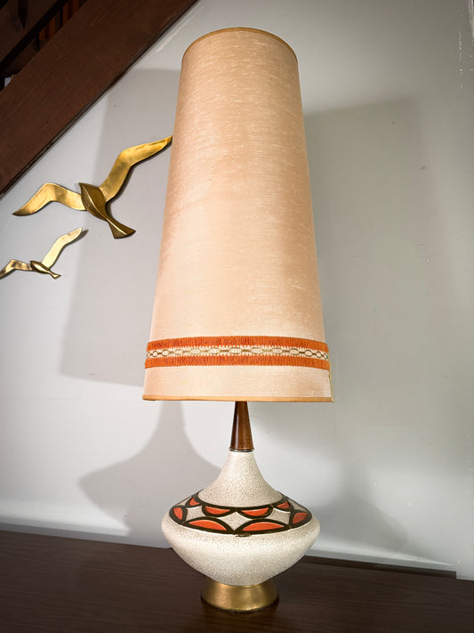 Mid-Century Atomic Ceramic Lamp – Signed L.N. Lamp with Original Tall Shade, 1950s Space Age Design