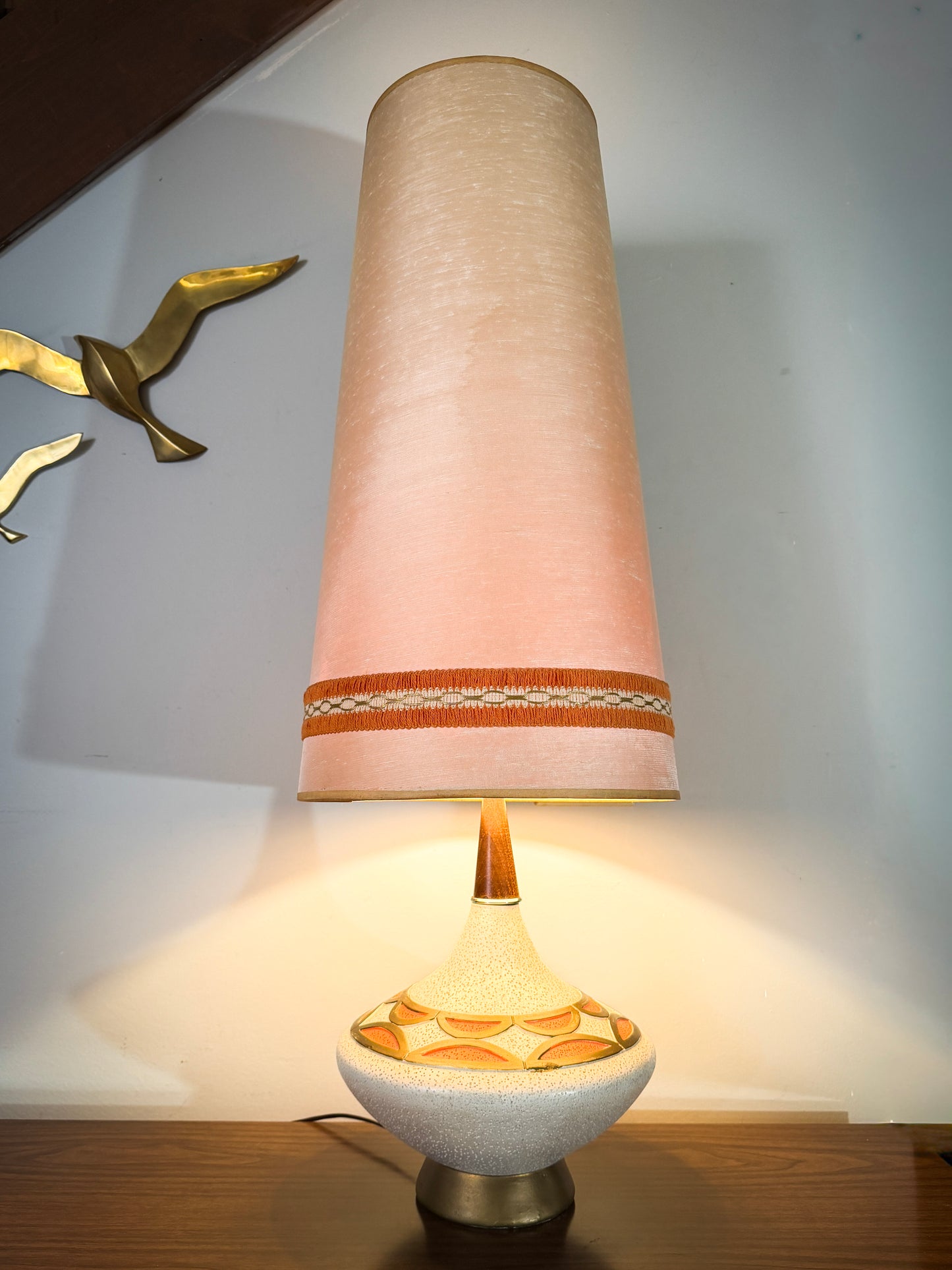 Mid-Century Atomic Ceramic Lamp – Signed L.N. Lamp with Original Tall Shade, 1950s Space Age Design