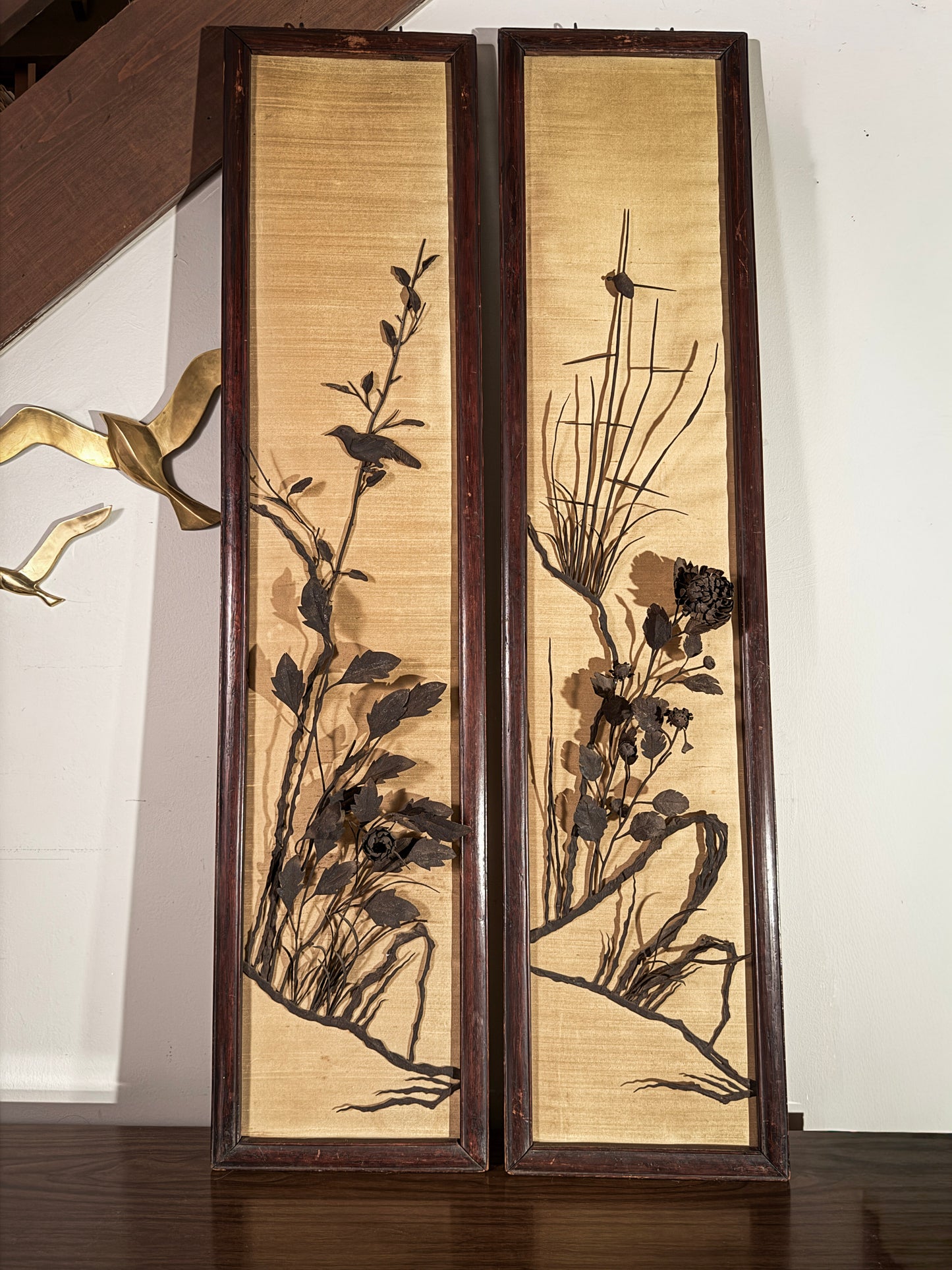 Pair of Vintage 54” Hand-Hammered Metal Wall Panels – Birds & Florals on Silk Backing, Framed