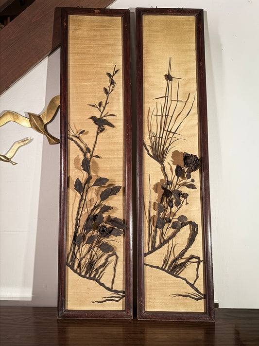 Pair of Vintage 54” Hand-Hammered Metal Wall Panels – Birds & Florals on Silk Backing, Framed