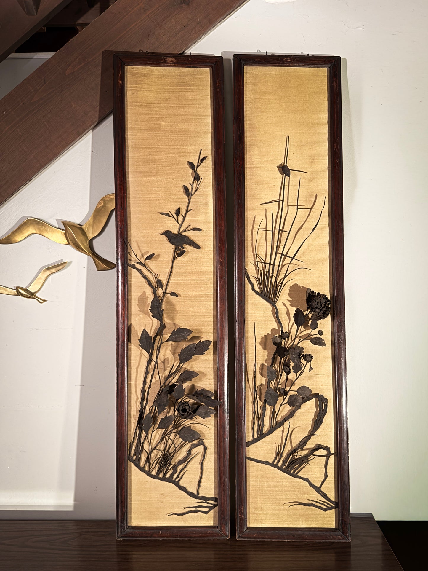 Pair of Vintage 54” Hand-Hammered Metal Wall Panels – Birds & Florals on Silk Backing, Framed