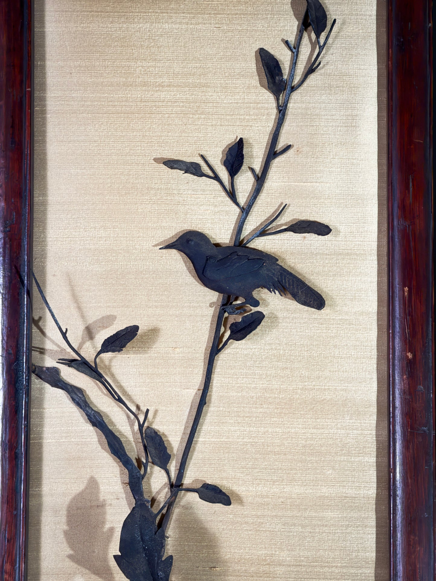 Pair of Vintage 54” Hand-Hammered Metal Wall Panels – Birds & Florals on Silk Backing, Framed