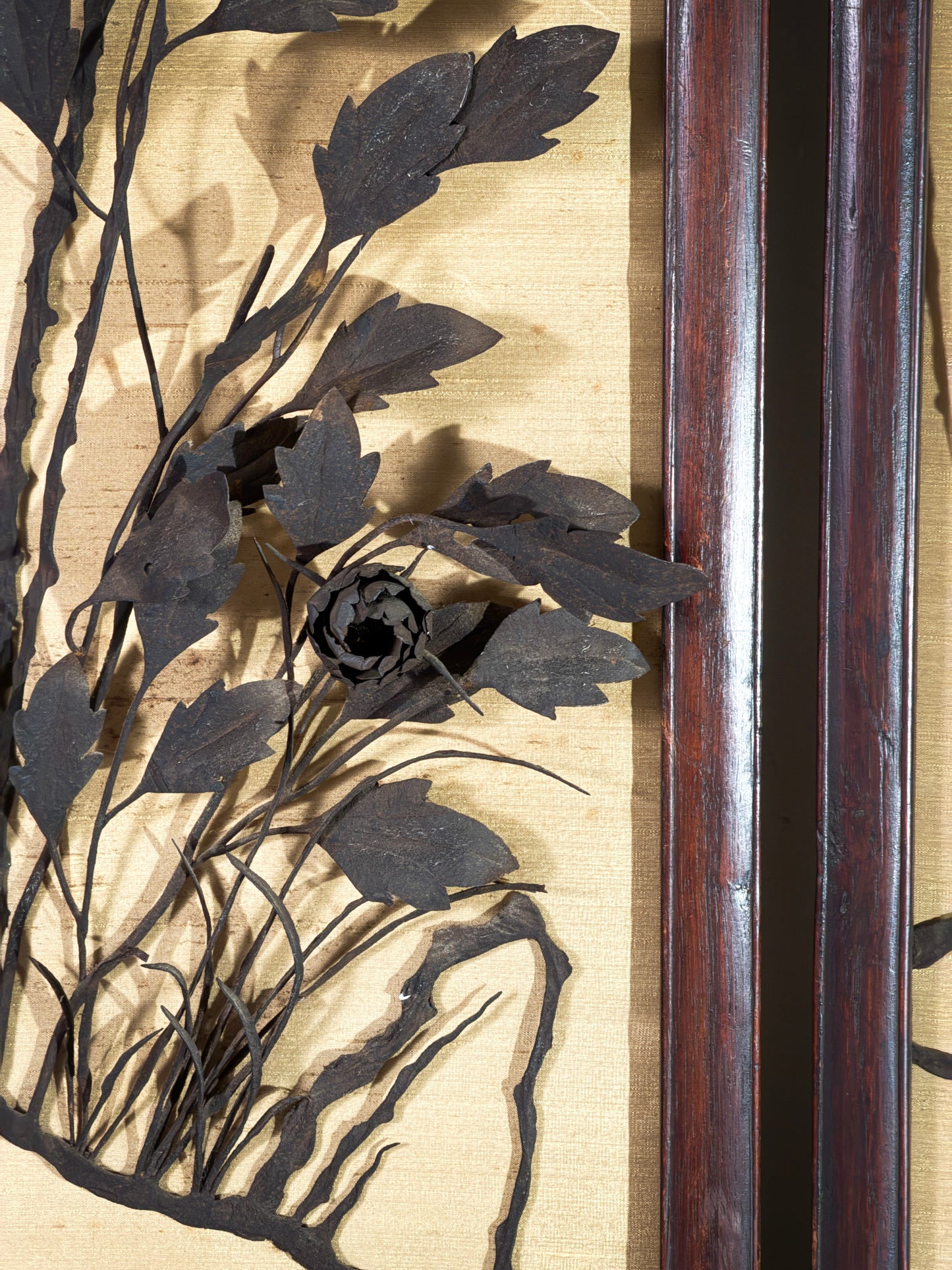 Pair of Vintage 54” Hand-Hammered Metal Wall Panels – Birds & Florals on Silk Backing, Framed