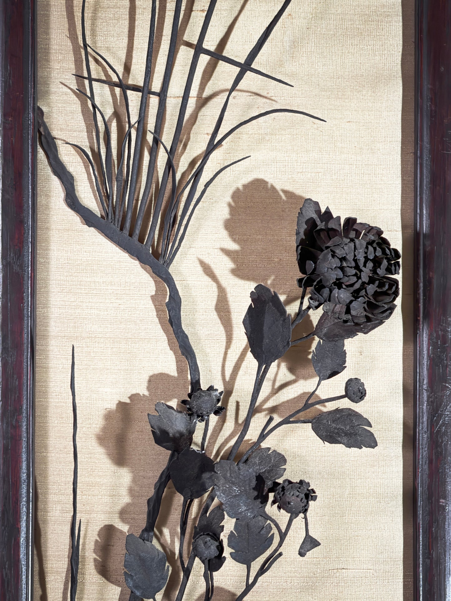 Pair of Vintage 54” Hand-Hammered Metal Wall Panels – Birds & Florals on Silk Backing, Framed