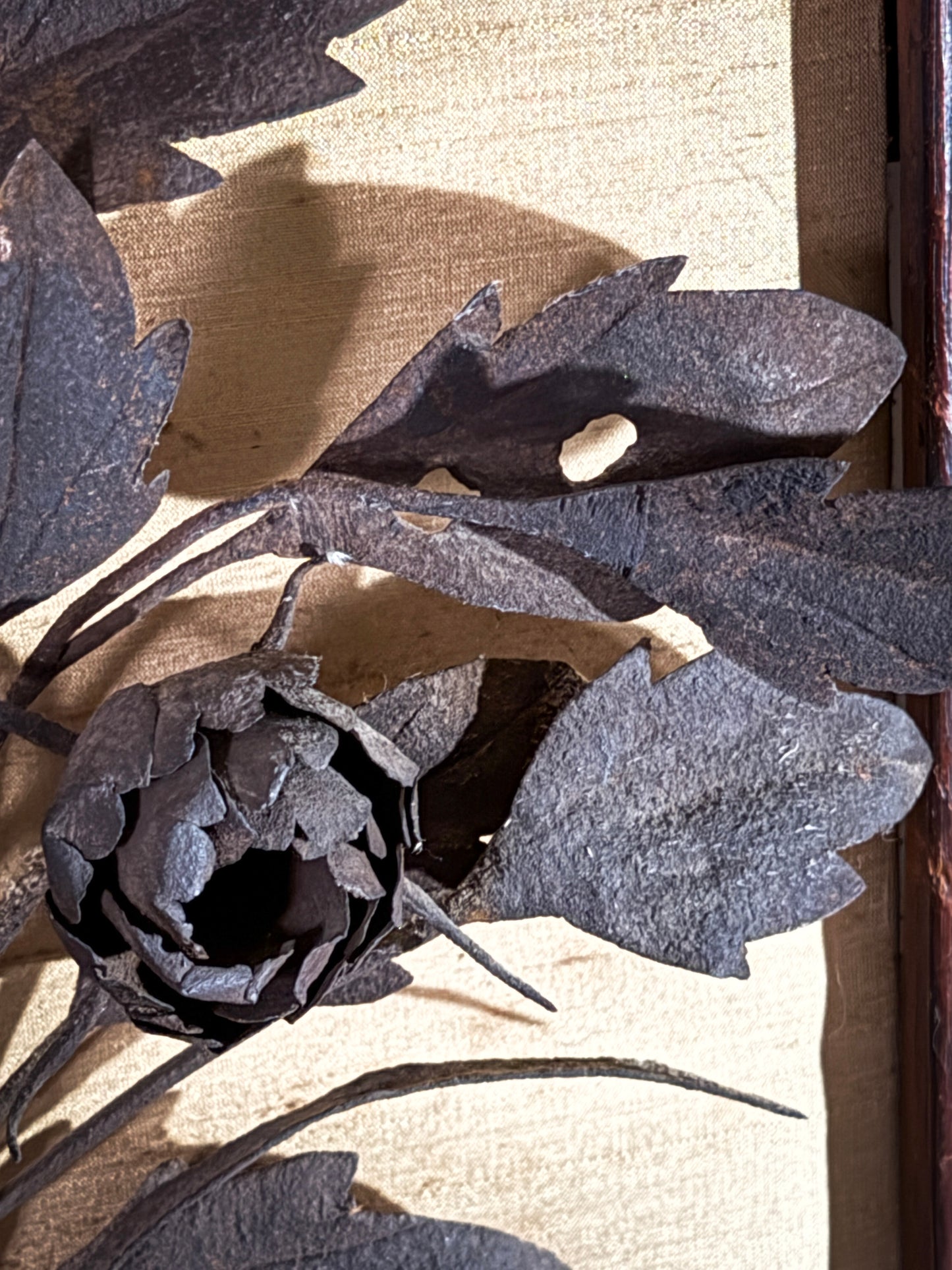 Pair of Vintage 54” Hand-Hammered Metal Wall Panels – Birds & Florals on Silk Backing, Framed