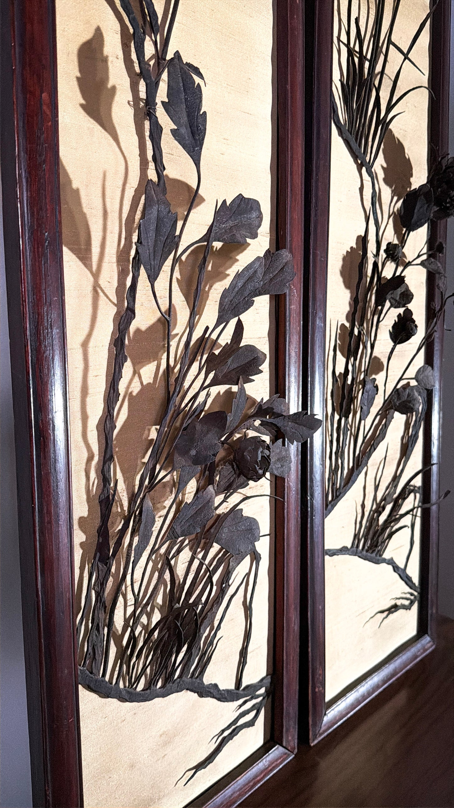 Pair of Vintage 54” Hand-Hammered Metal Wall Panels – Birds & Florals on Silk Backing, Framed