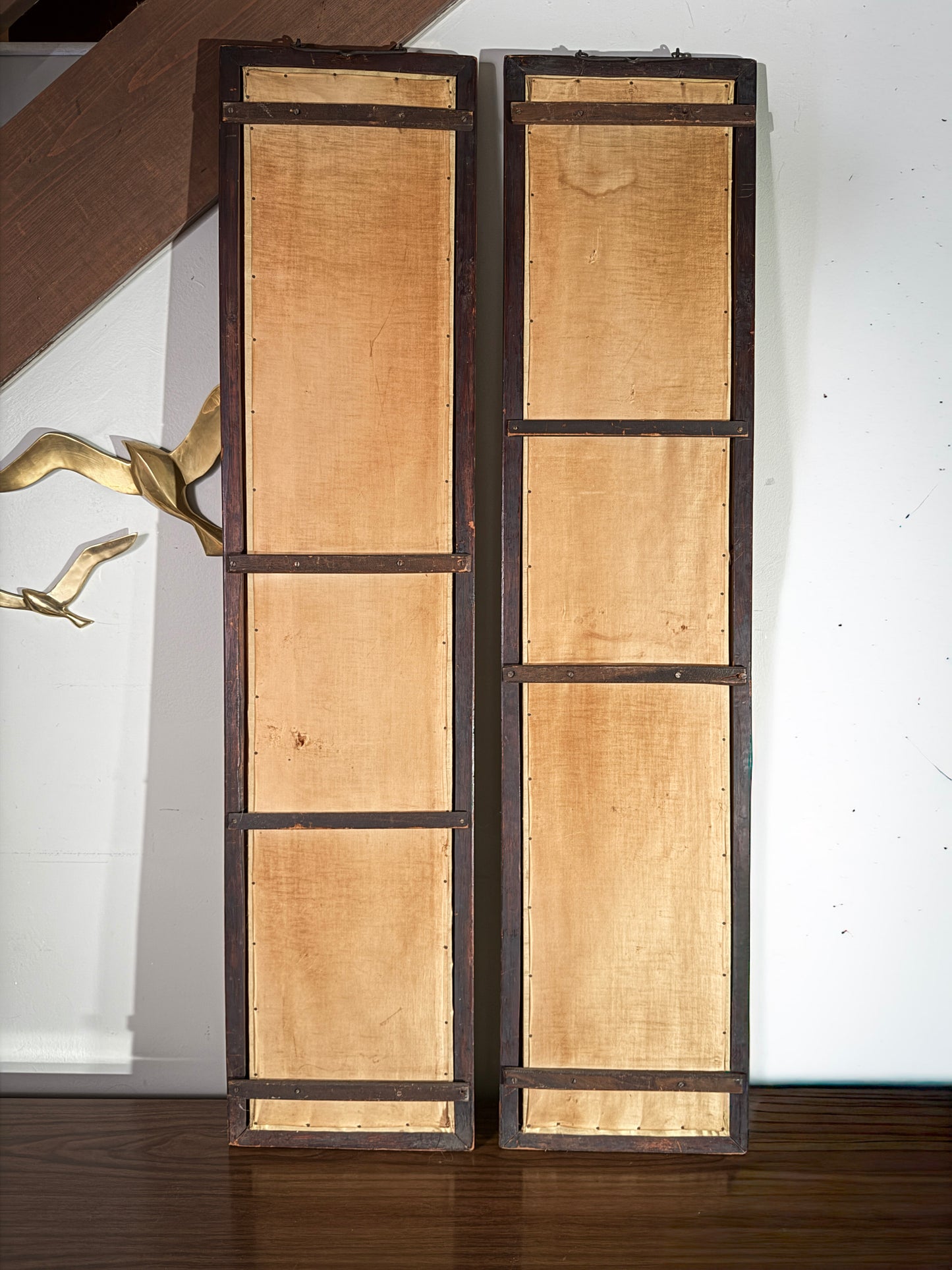 Pair of Vintage 54” Hand-Hammered Metal Wall Panels – Birds & Florals on Silk Backing, Framed