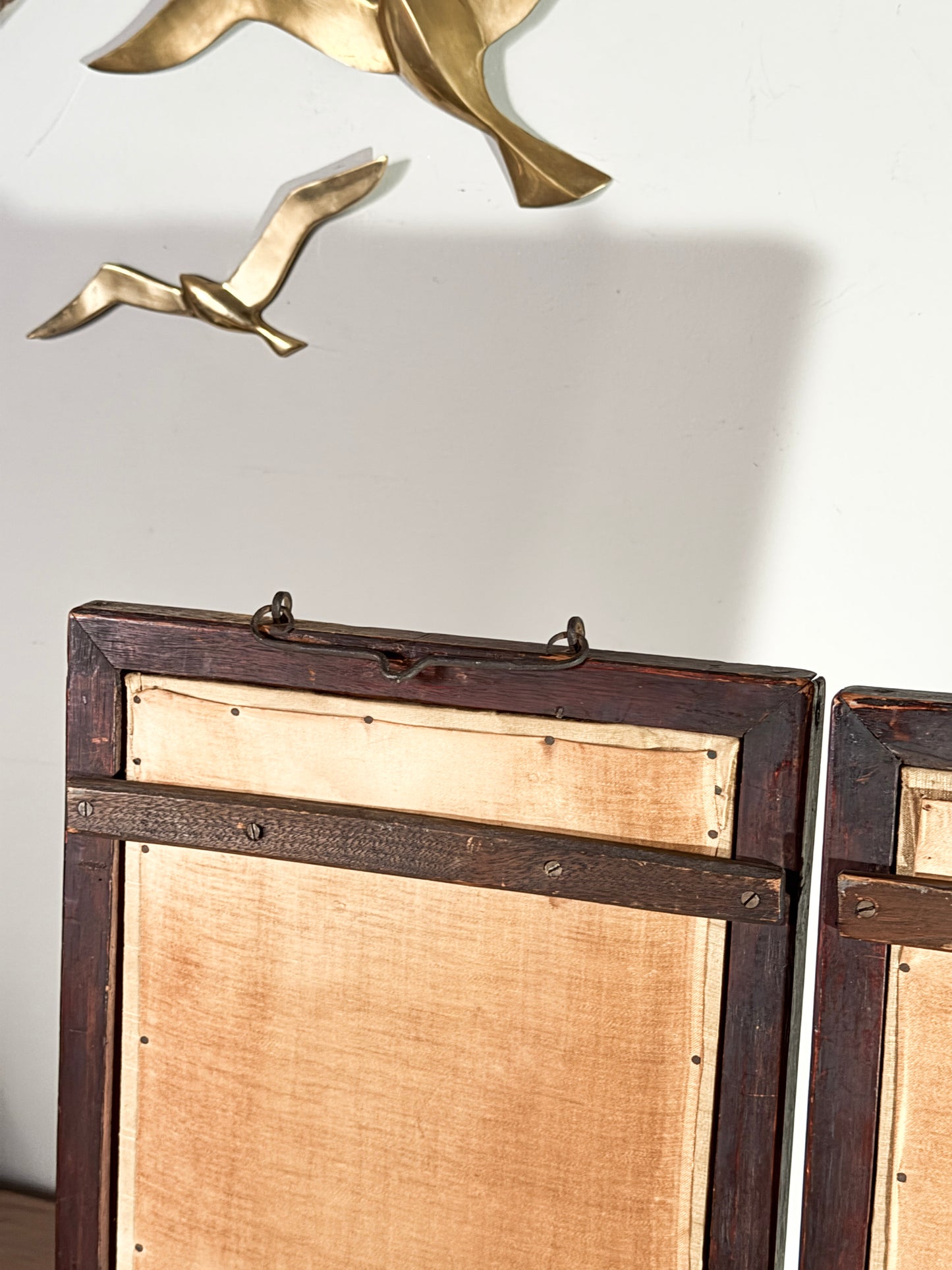 Pair of Vintage 54” Hand-Hammered Metal Wall Panels – Birds & Florals on Silk Backing, Framed