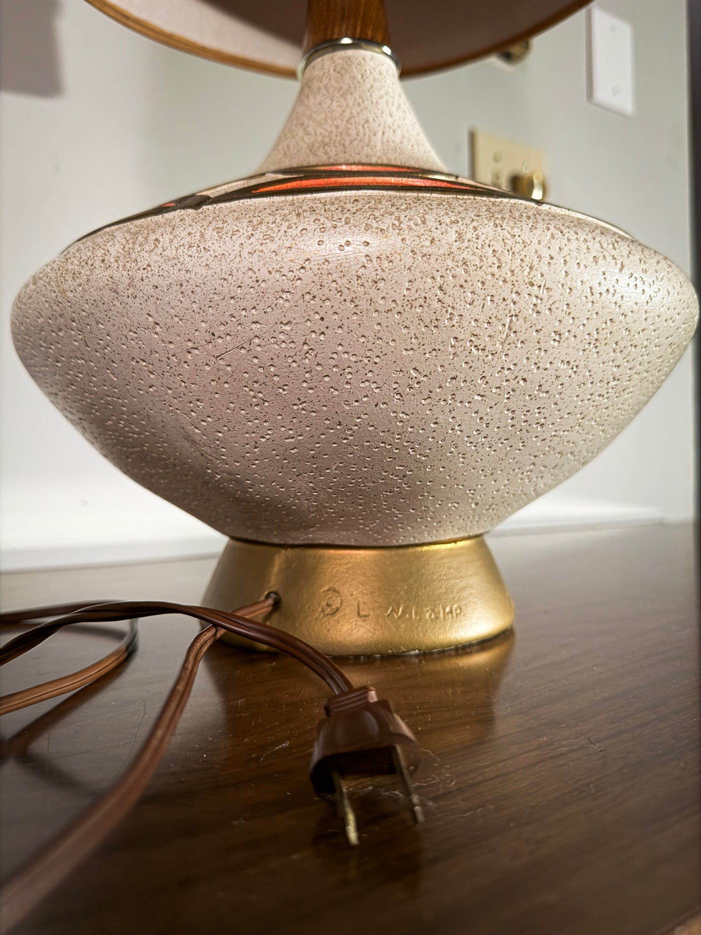 Mid-Century Atomic Ceramic Lamp – Signed L.N. Lamp with Original Tall Shade, 1950s Space Age Design