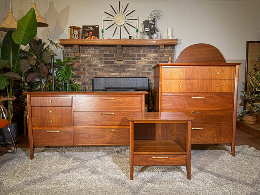 Fully Refinished Drexel “Modern” Mid Century Bedroom Set – Lowboy, Highboy, Nightstand