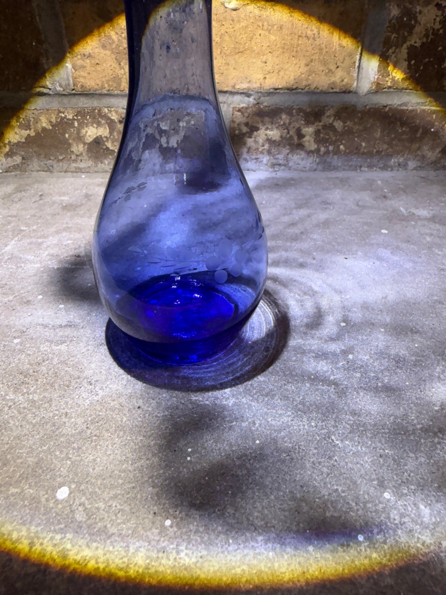 Vintage Blue Glass Bud Vase – Hand-Blown Mid-Century Mini Vase with Etched Detail