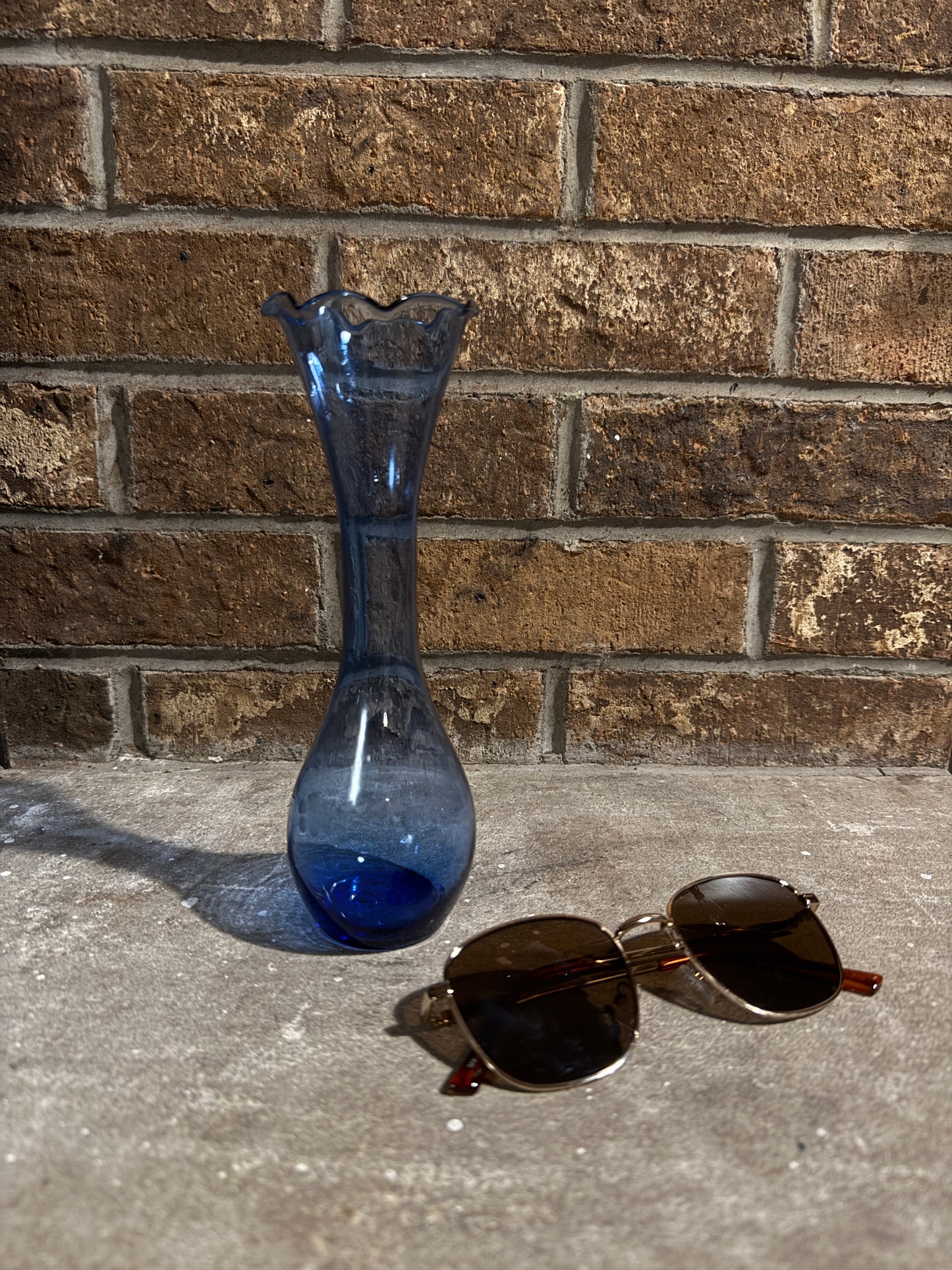Vintage Blue Glass Bud Vase – Hand-Blown Mid-Century Mini Vase with Etched Detail