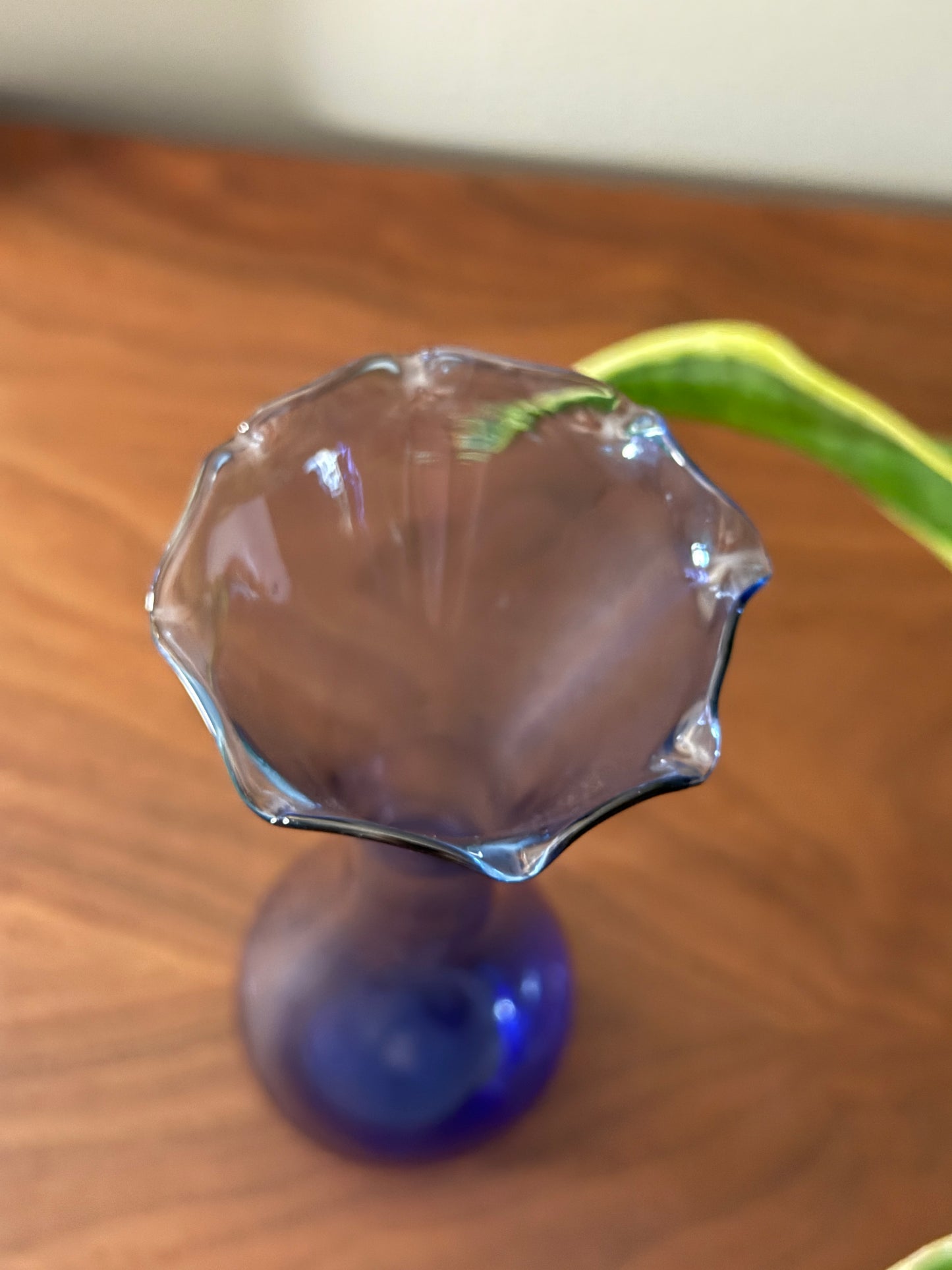 Vintage Blue Glass Bud Vase – Hand-Blown Mid-Century Mini Vase with Etched Detail