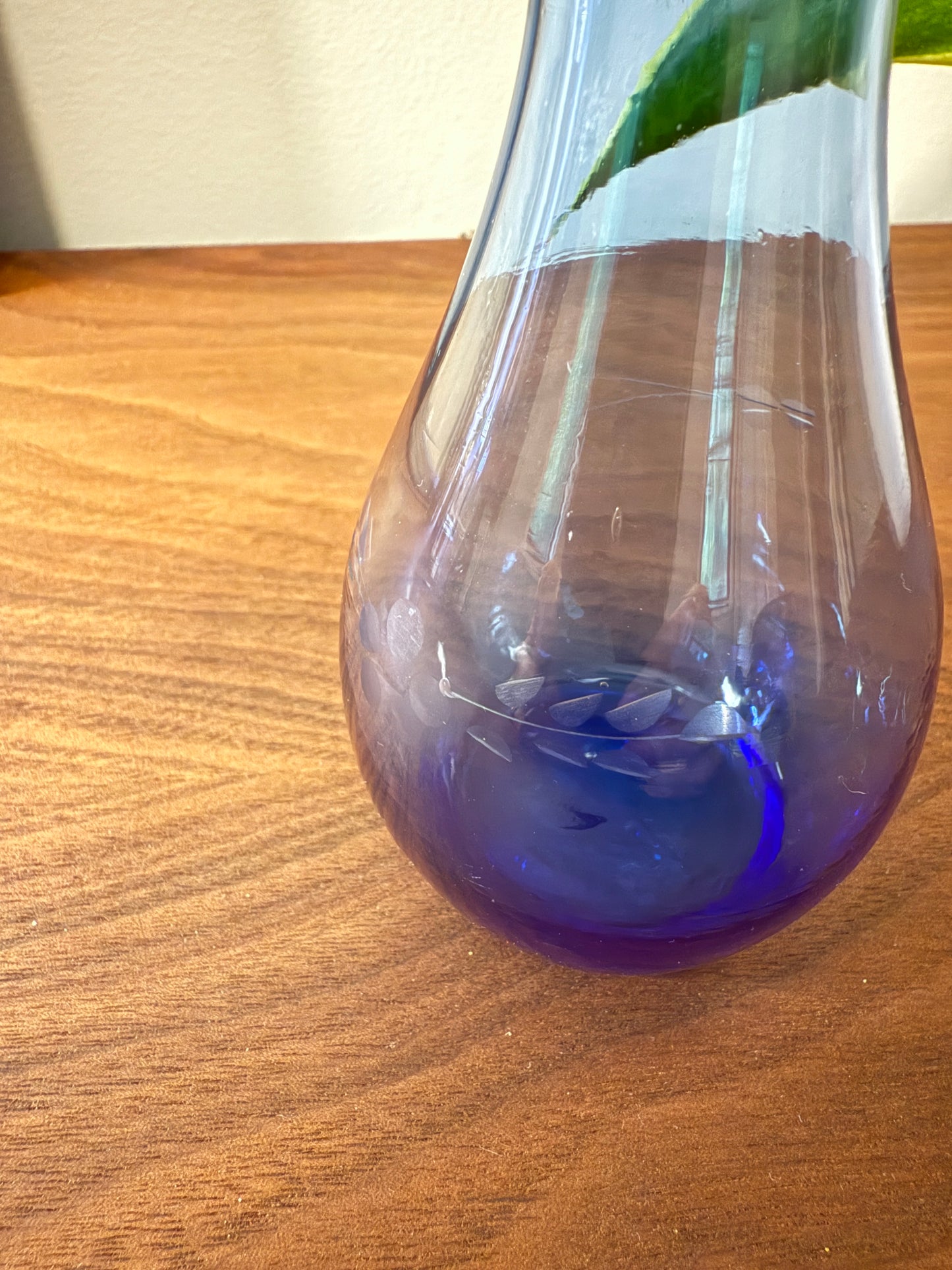 Vintage Blue Glass Bud Vase – Hand-Blown Mid-Century Mini Vase with Etched Detail