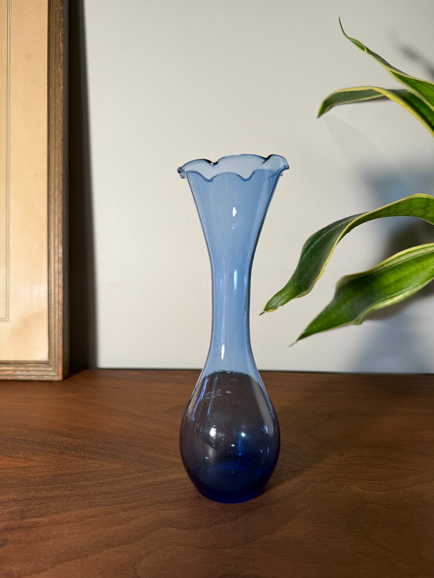 Vintage Blue Glass Bud Vase – Hand-Blown Mid-Century Mini Vase with Etched Detail